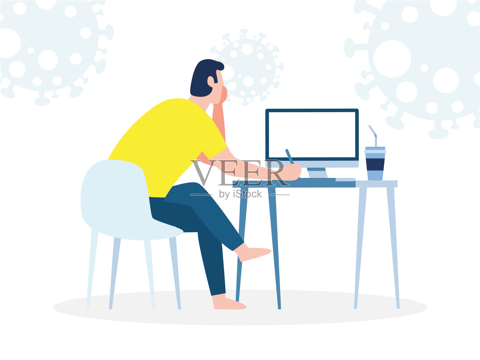 冠状病毒检疫的概念。男人在家工作。男性坐在电脑前工作。人与电脑，防止感染传播隔离的背景矢量插图插画图片素材