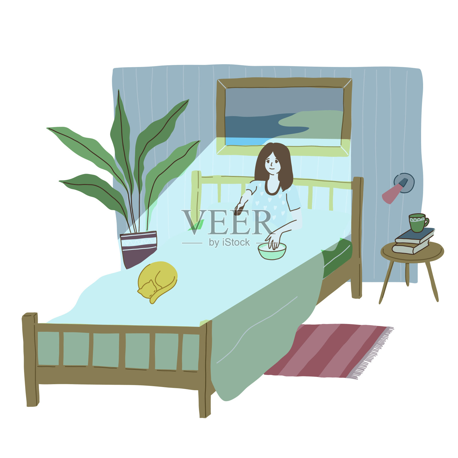 那位年轻女子在睡觉前正在床上看电视。插画图片素材