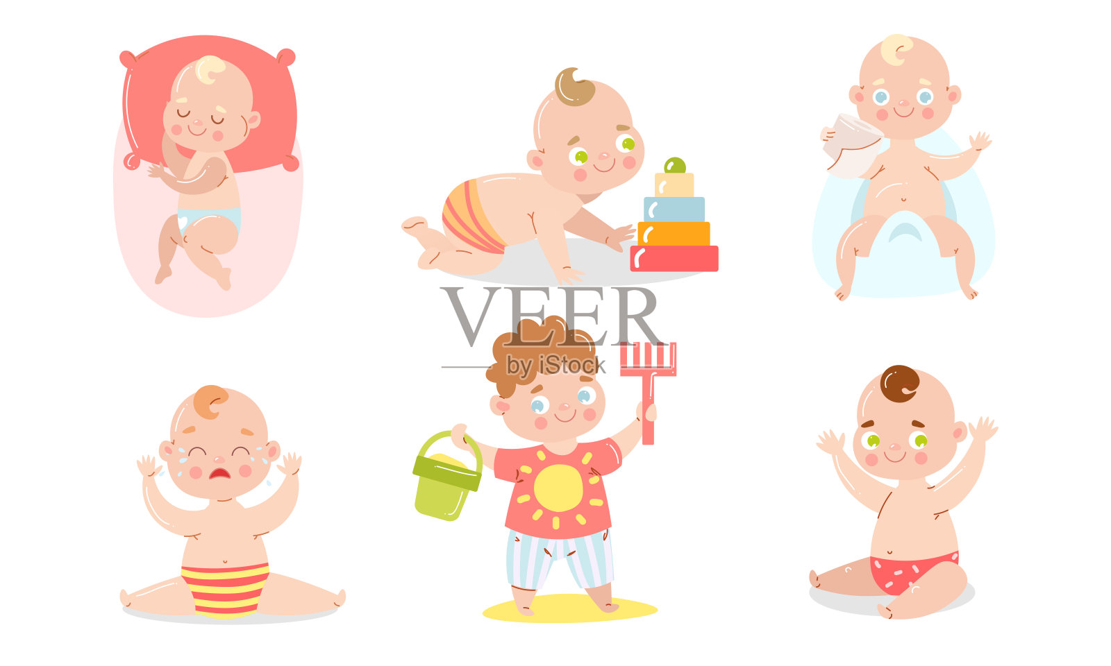 一套可爱的婴儿在不同的情况下内裤。矢量插图在平面卡通风格。插画图片素材