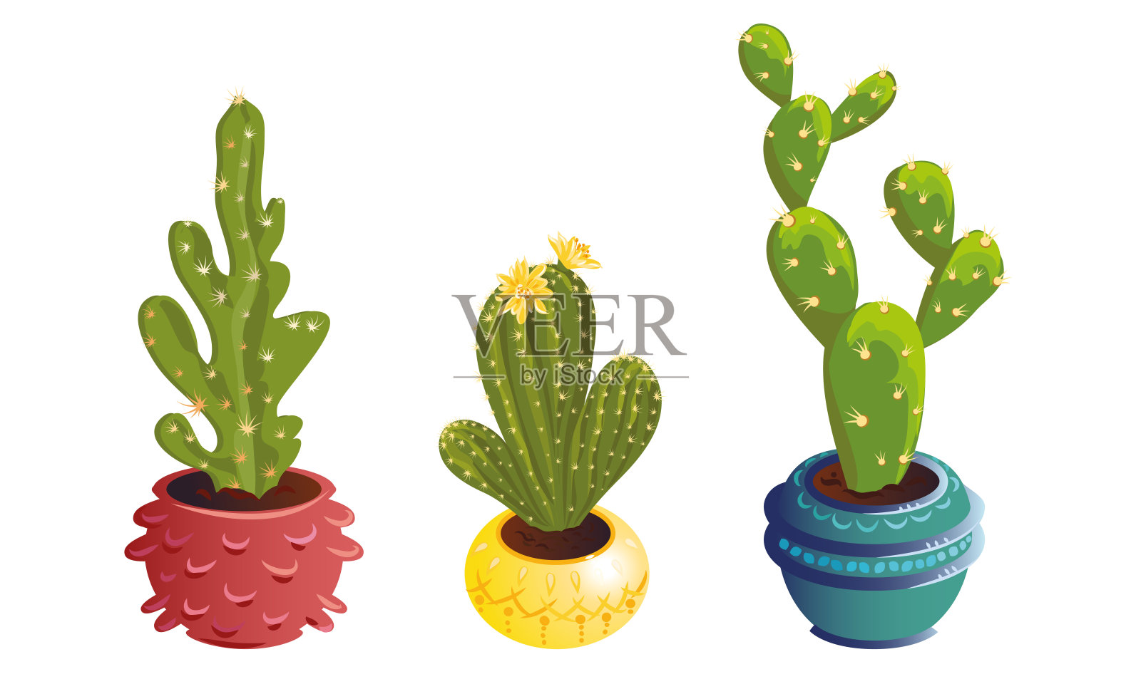 三组装饰仙人掌在花盆与刺和盛开的花。矢量设置插图在平面卡通风格设计元素图片