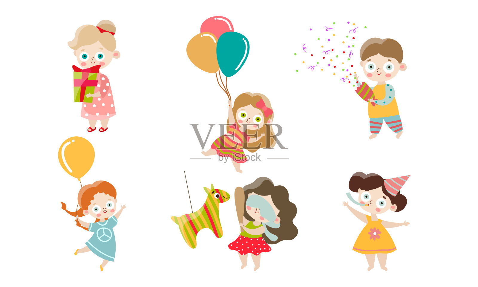 一组孩子庆祝和有乐趣的生日派对。矢量插图在平面卡通风格。插画图片素材