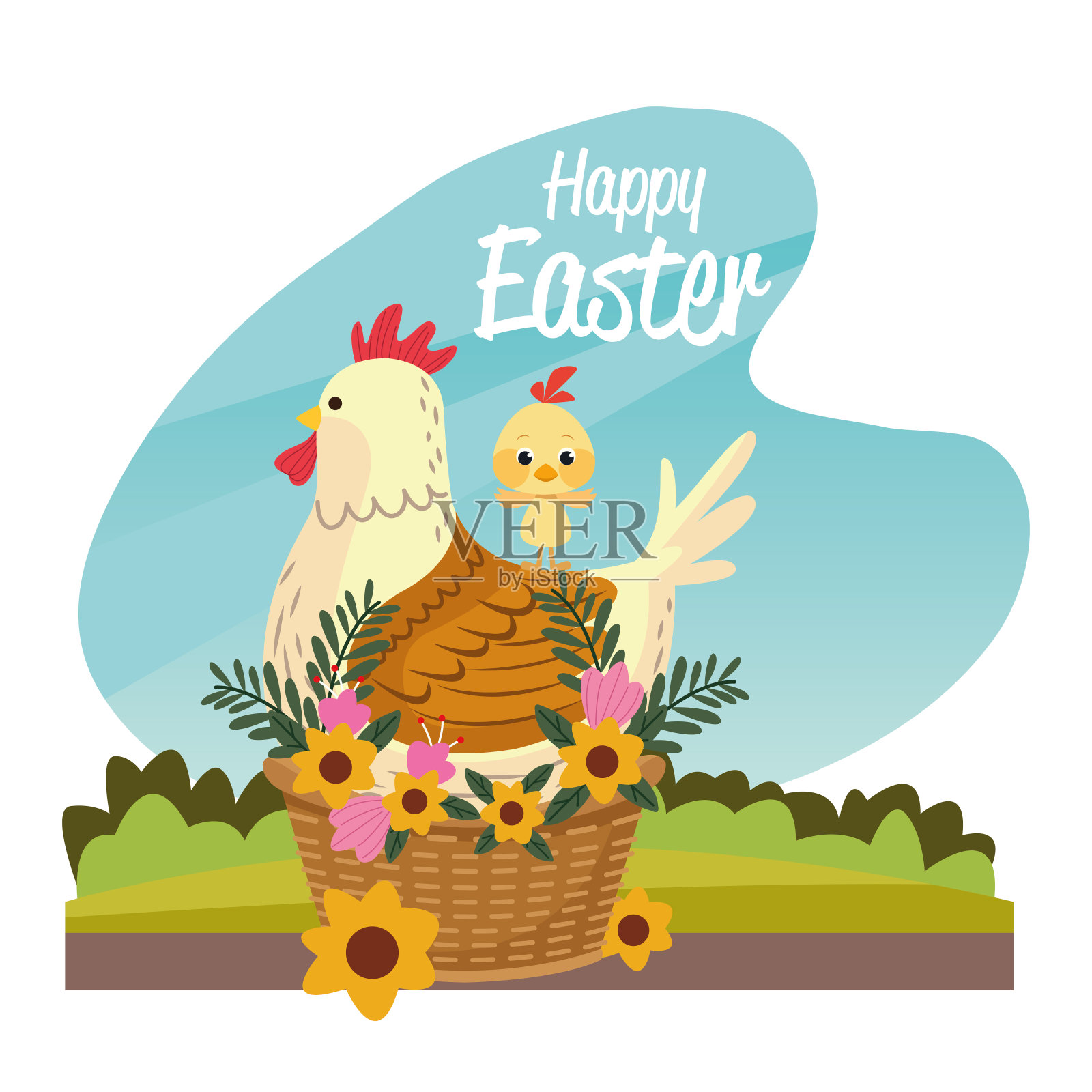 有母鸡和小鸡的复活节快乐卡片设计模板素材