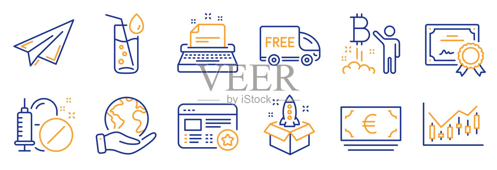 一组商业图标，如水杯，启动，纸飞机。向量图标素材