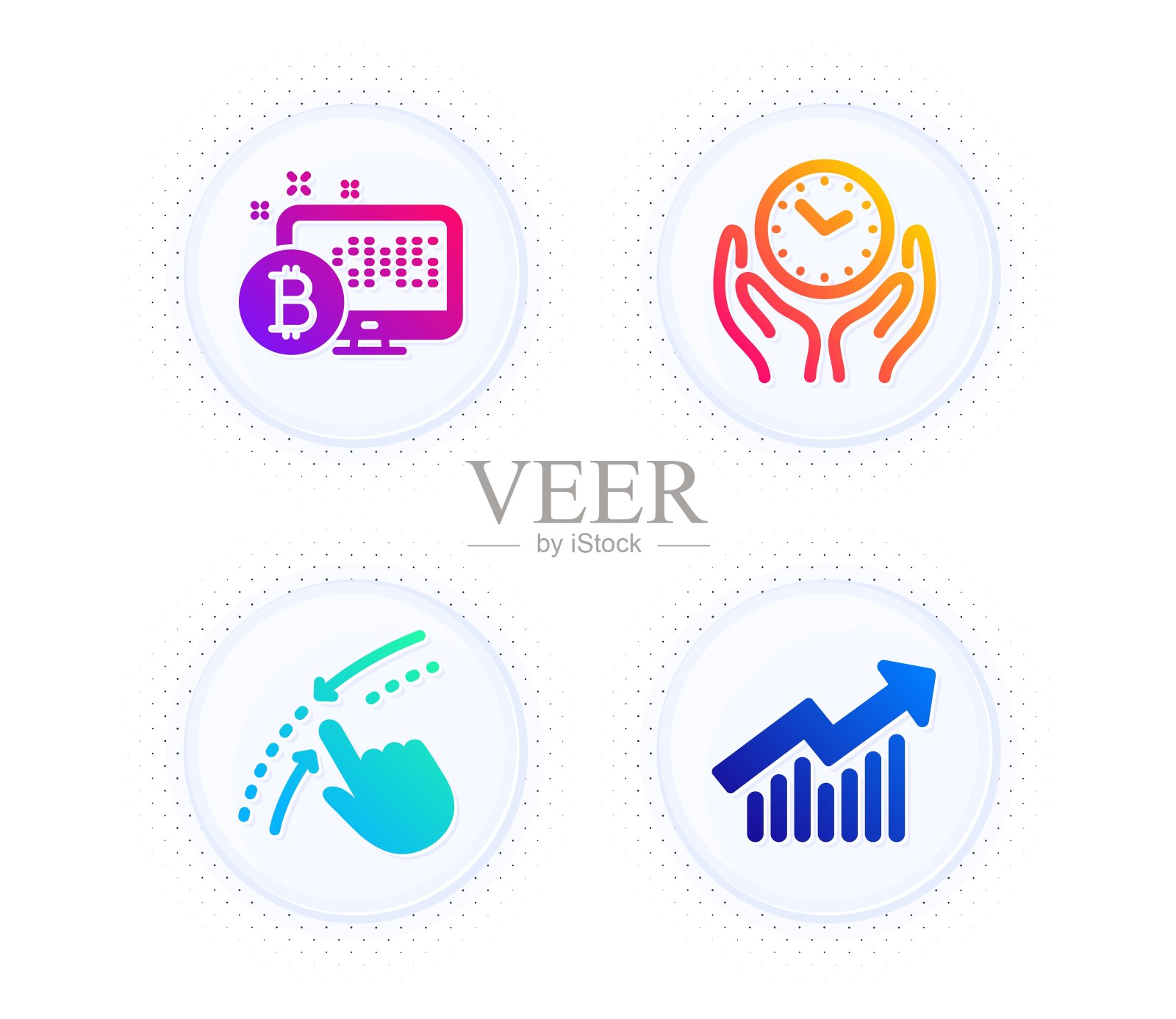 比特币系统，向上滑动和安全时间图标设置。需求曲线的迹象。向量图标素材