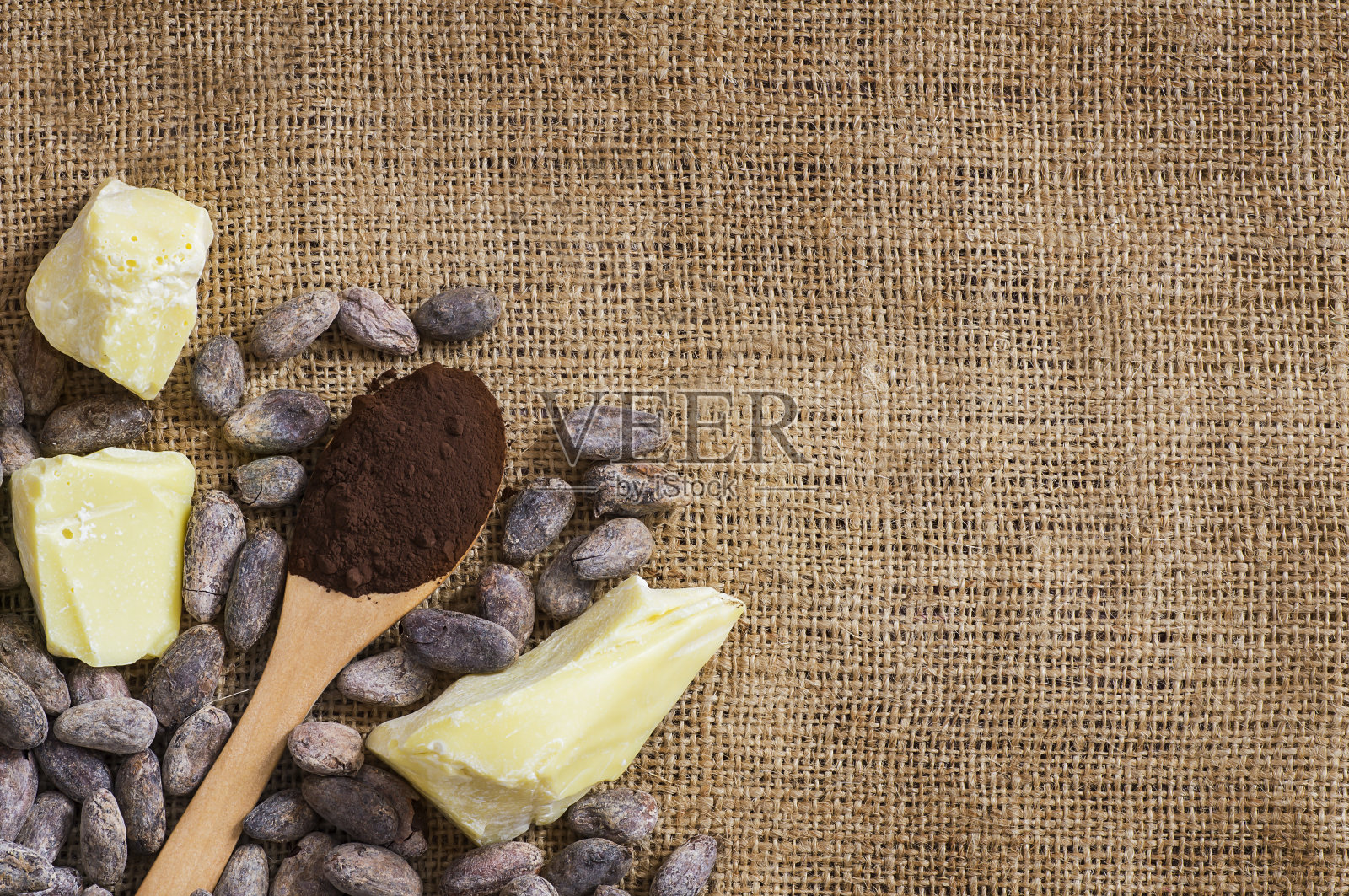 可可油或可可豆固体油与可可粉勺和粗麻袋背景生可可豆，健康的天然油照片摄影图片