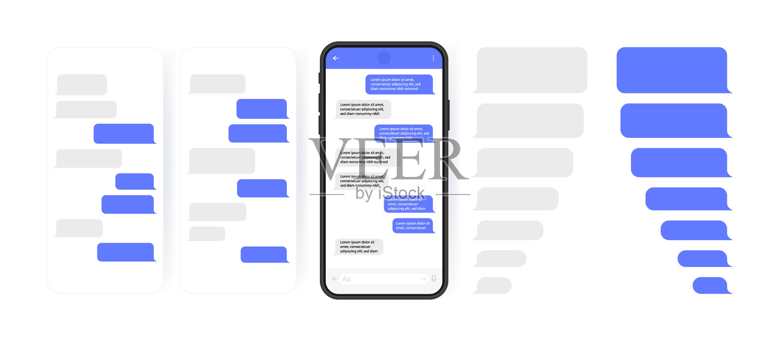 社交媒体设计概念。智能手机与传送带风格的聊天屏幕。短信模板气泡组成对话。现代矢量插图平面风格插画图片素材
