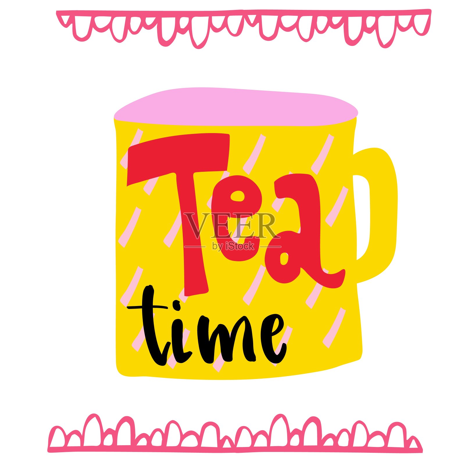 彩色复古海报与题词茶时间，绘制在白色的背景。手绘矢量插图。完美的卡片，海报或商品的咖啡馆或厨房。插画图片素材