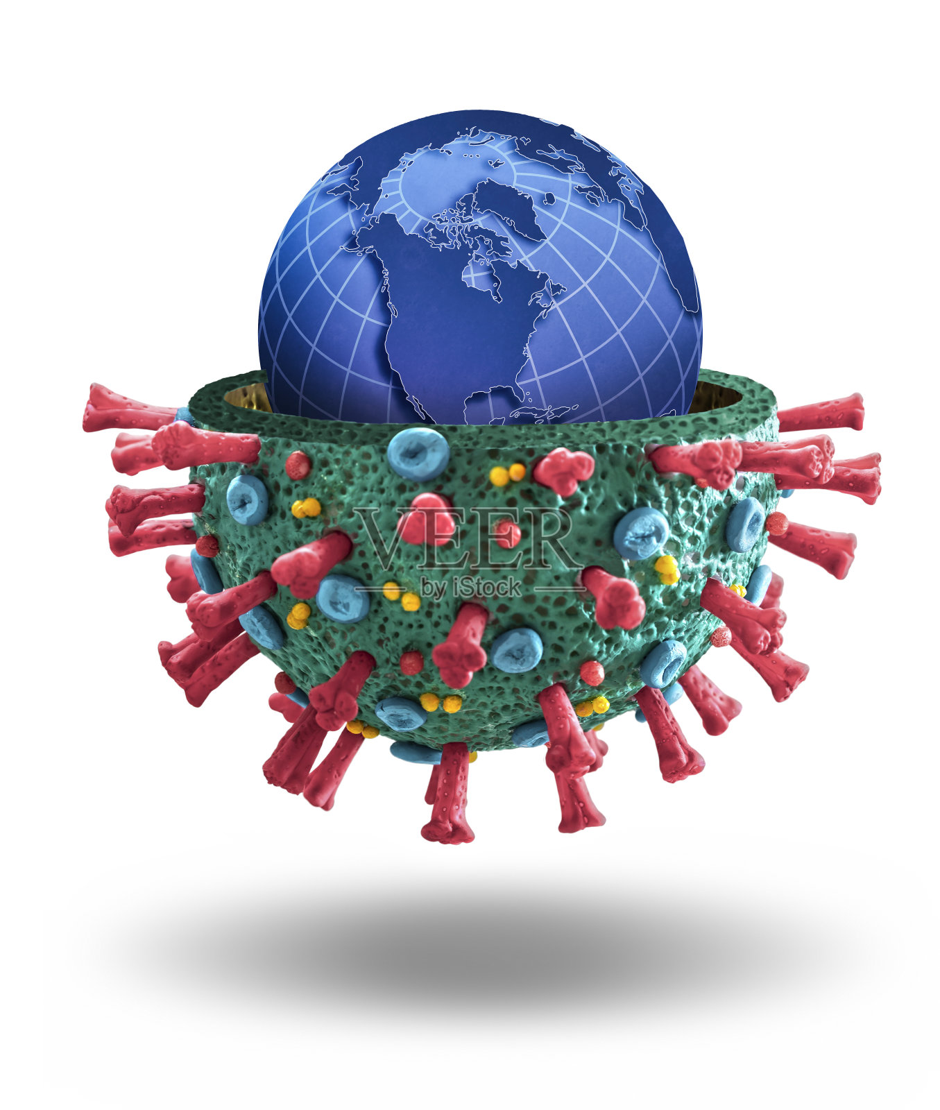 冠状病毒COVID-19微观宏观模型，里面有世界地球仪照片摄影图片