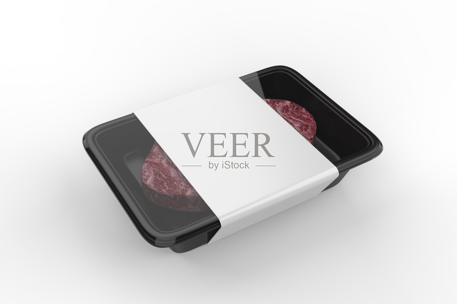 肉类食品托盘与空白纸标签，3d渲染插图。照片摄影图片