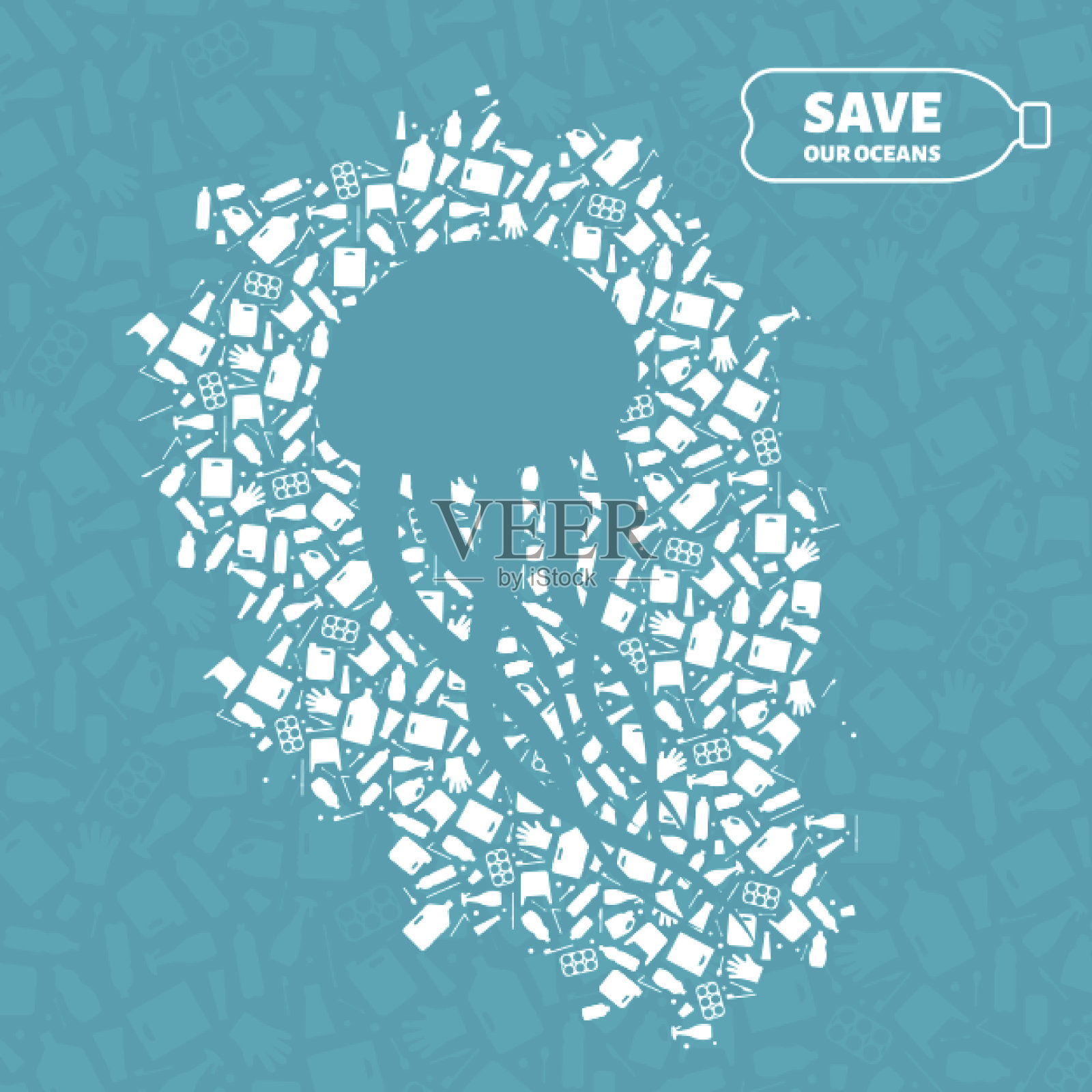 水母阻止海洋塑料污染的概念插画图片素材