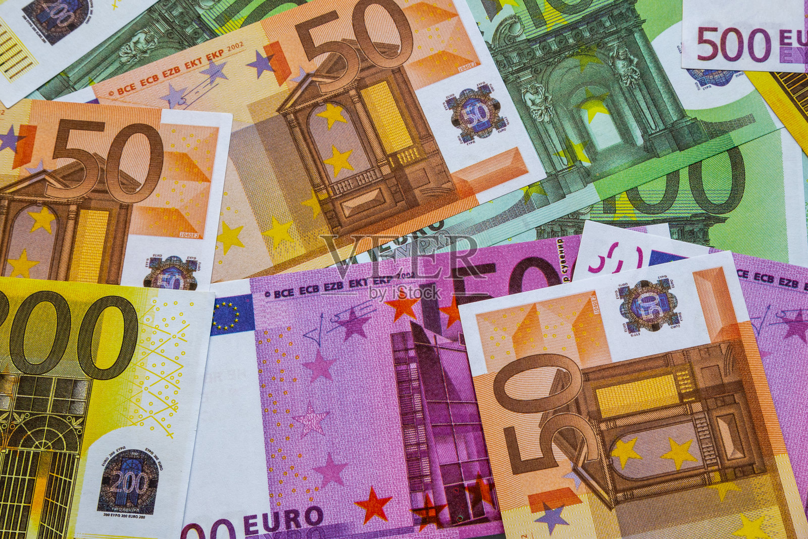 欧洲货币、纸币和现金。50. One hundred.200. 500欧元照片摄影图片
