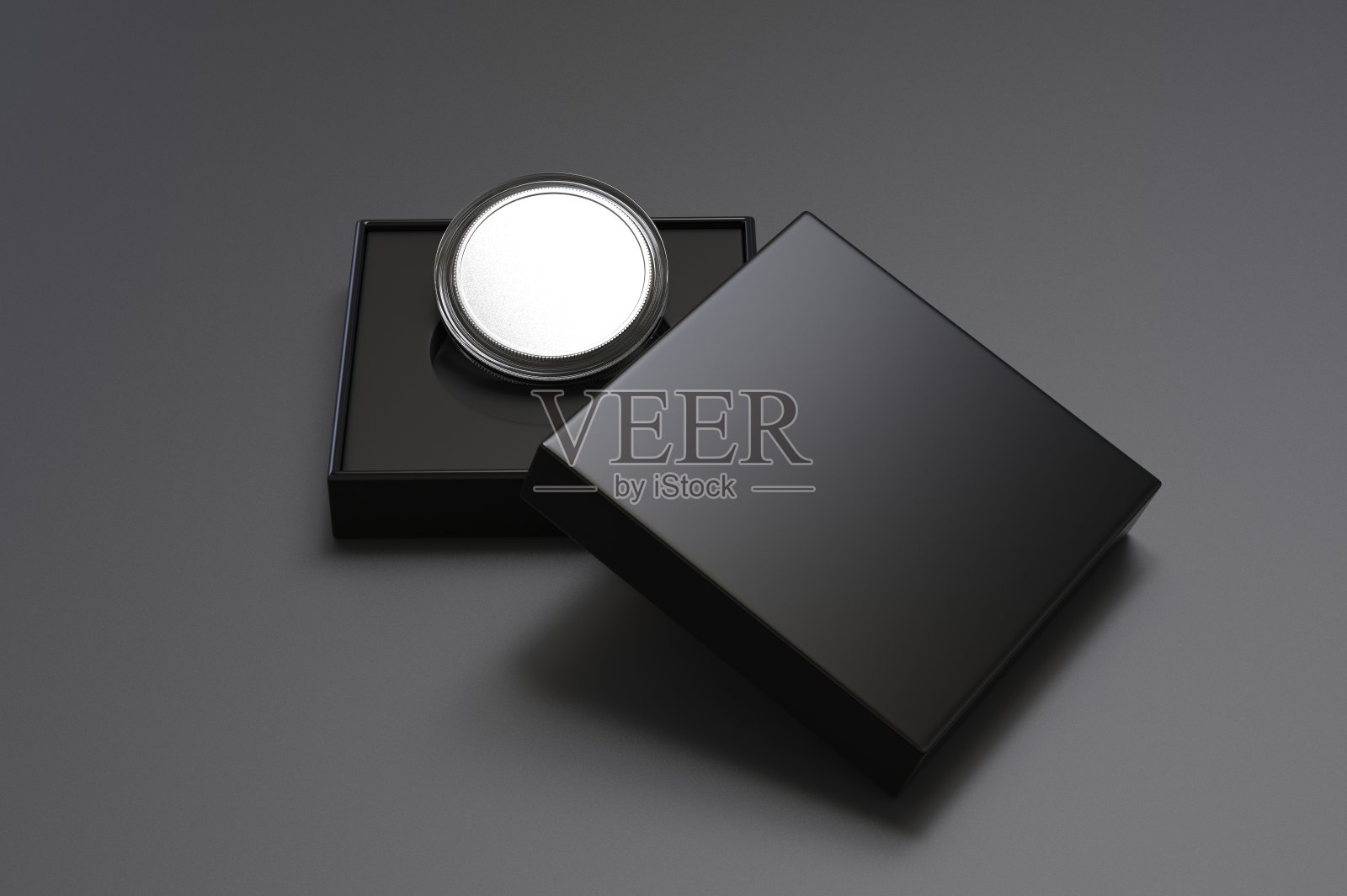 塑胶盒及纸盒空白打样硬币。3 d渲染插图。照片摄影图片