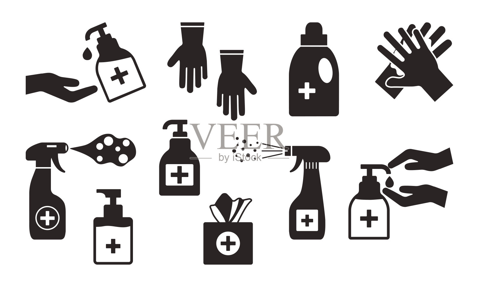 消毒手部卫生。洗手液瓶，洗手液，喷雾，湿纸巾，液体肥皂，橡胶手套，餐巾。黑色的图标。向量图标素材