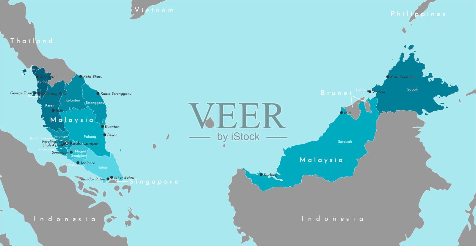 现代插图向量。蓝色简化的马来西亚行政地图。灰色的是邻国。蓝色背景的海洋。马来西亚大城市和州的名字插画图片素材