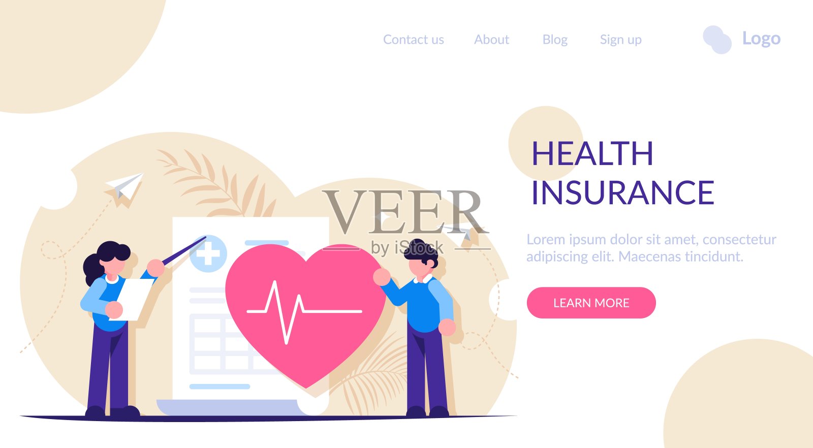 健康保险或人寿保险是一个概念。人们站在一份描绘巨大心脏的医疗文件旁边。女孩看了看文件，用一个指针显示。登陆网页模板。插画图片素材