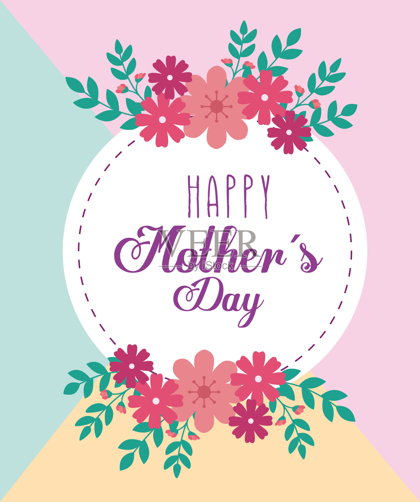 母亲节快乐卡片与框圆形鲜花装饰插画图片素材