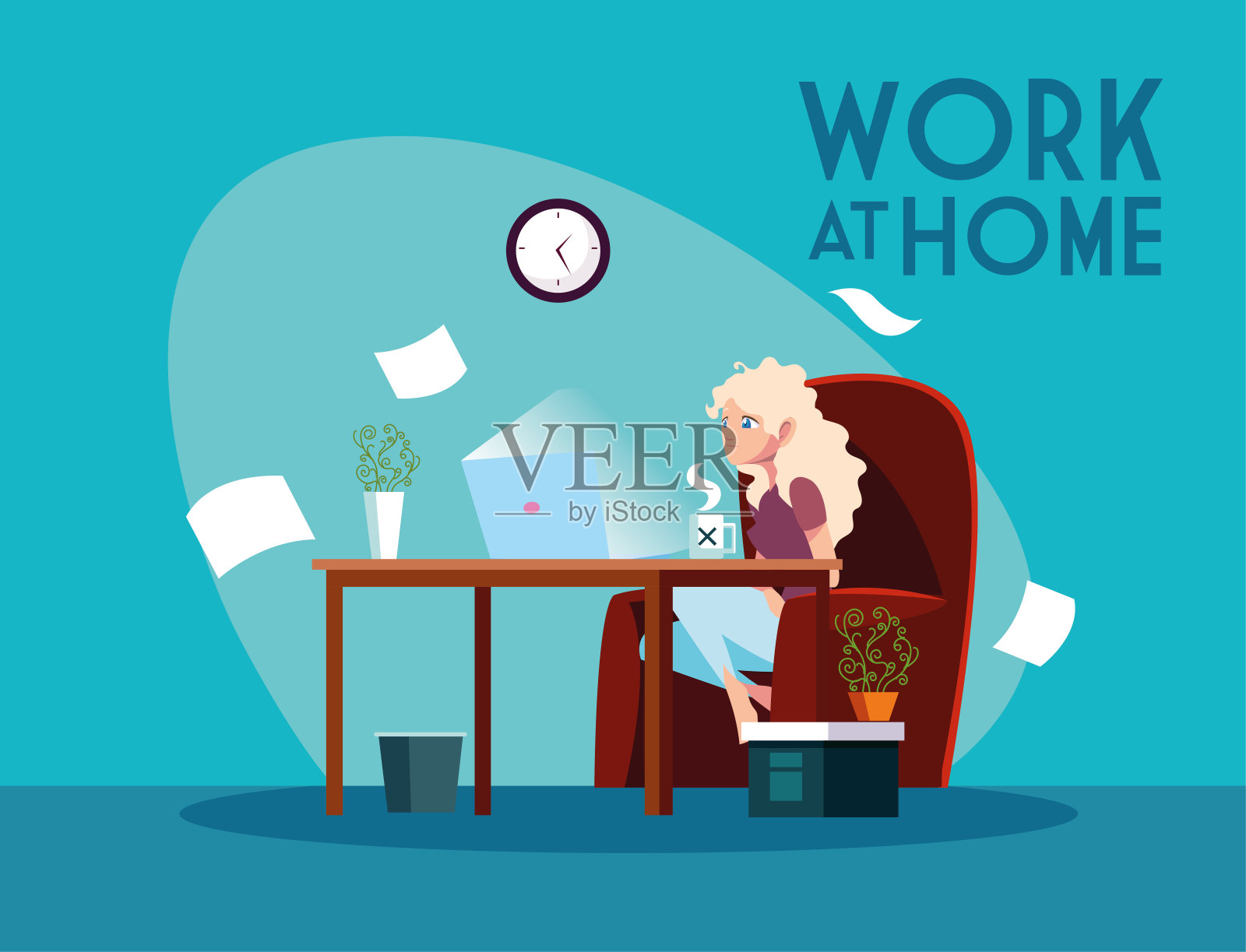 女性自由职业者在家远程工作，在家工作插画图片素材