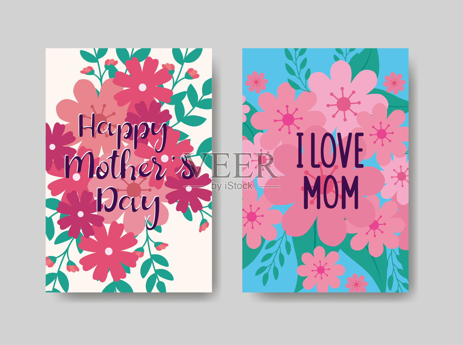 一套鲜花和树叶装饰的母亲节快乐卡片设计模板素材