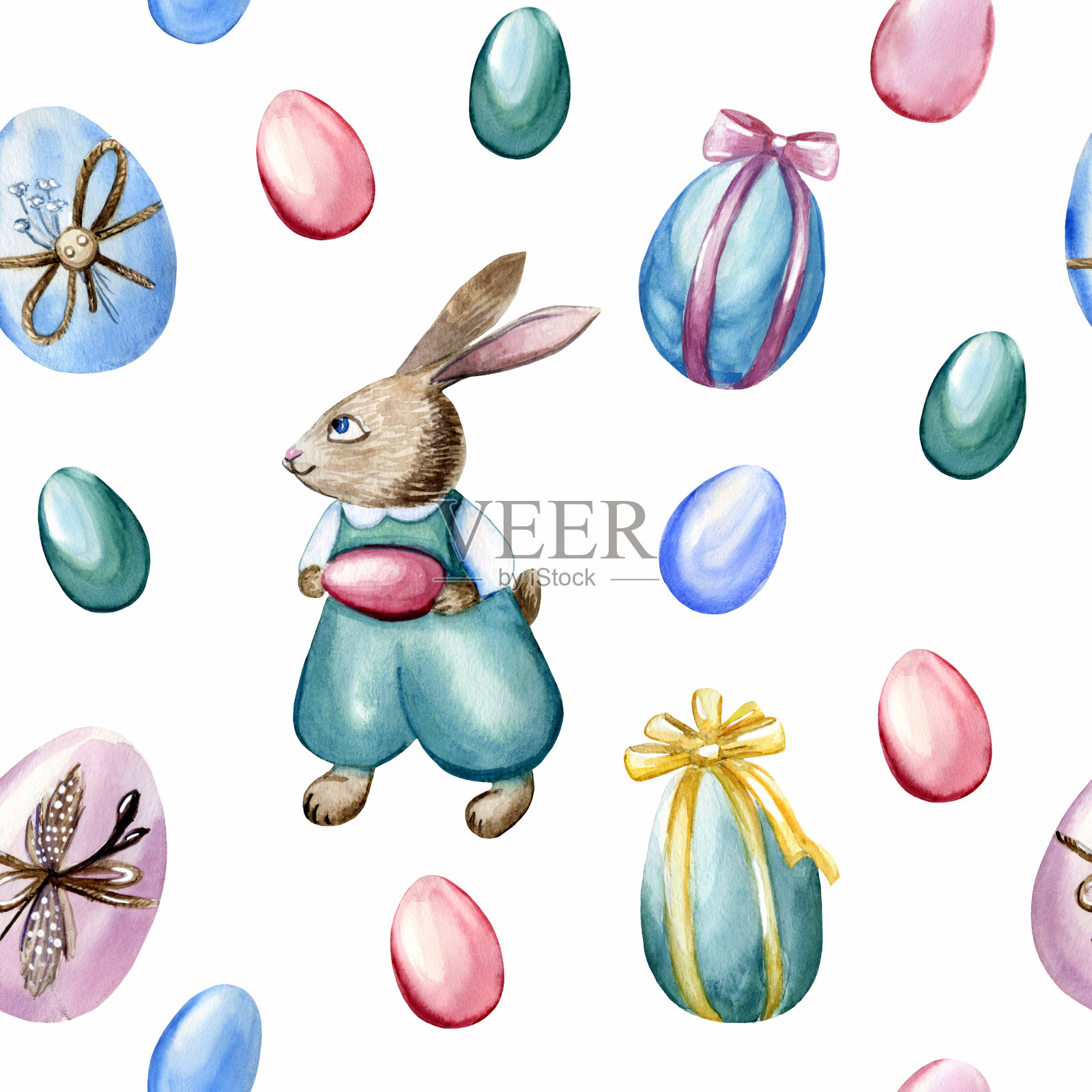 水彩手绘无缝模式与兔子男孩和彩色闪亮的复活节蛋在白色的背景。插画图片素材