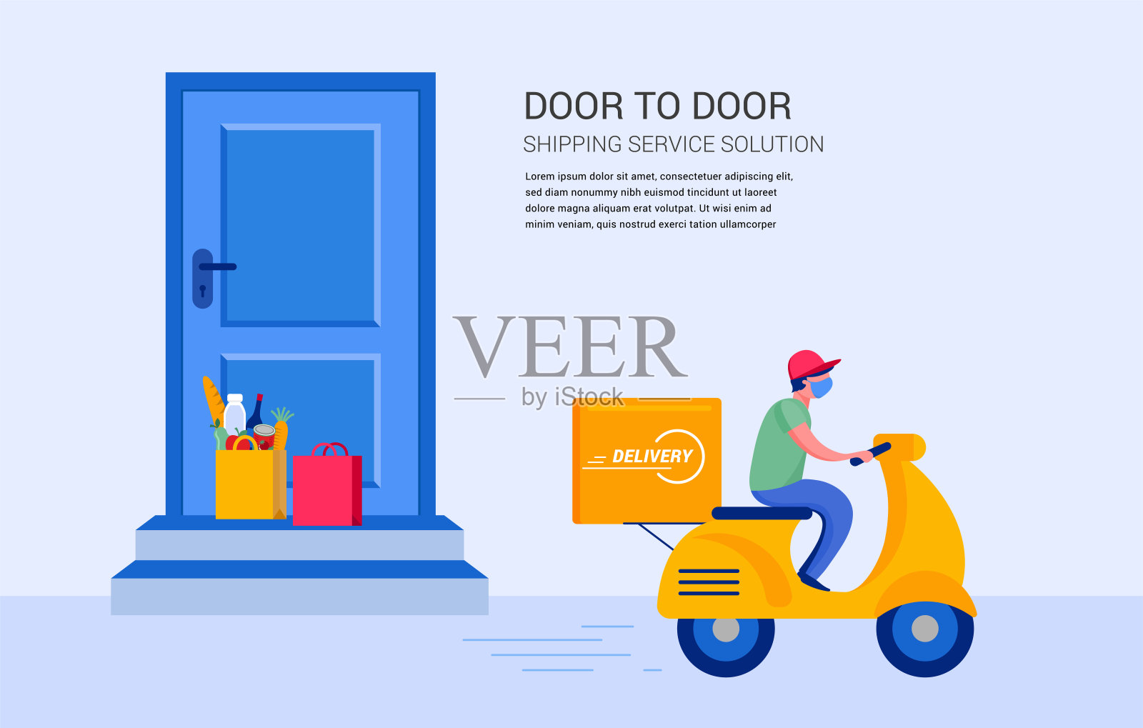 网上送货服务理念，网上订单跟踪，送货上门和办公室。仓库，卡车，无人机，摩托车和自行车快递员，带口罩的快递员。矢量图设计模板素材