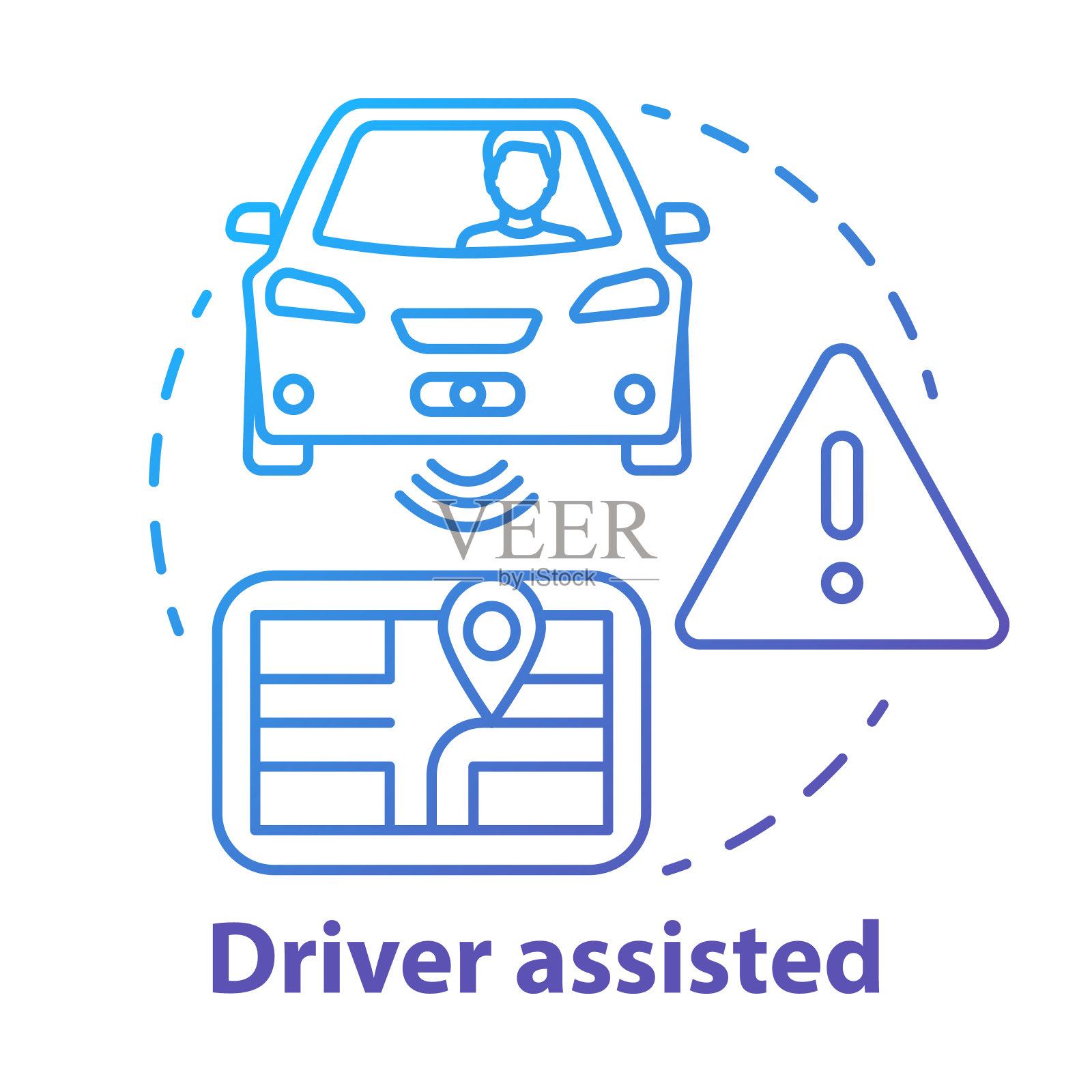 驱动辅助概念图标。汽车智能功能，安全舒适。感官信息导航路径构思细线插图。矢量孤立轮廓绘制。可编辑的中风插画图片素材