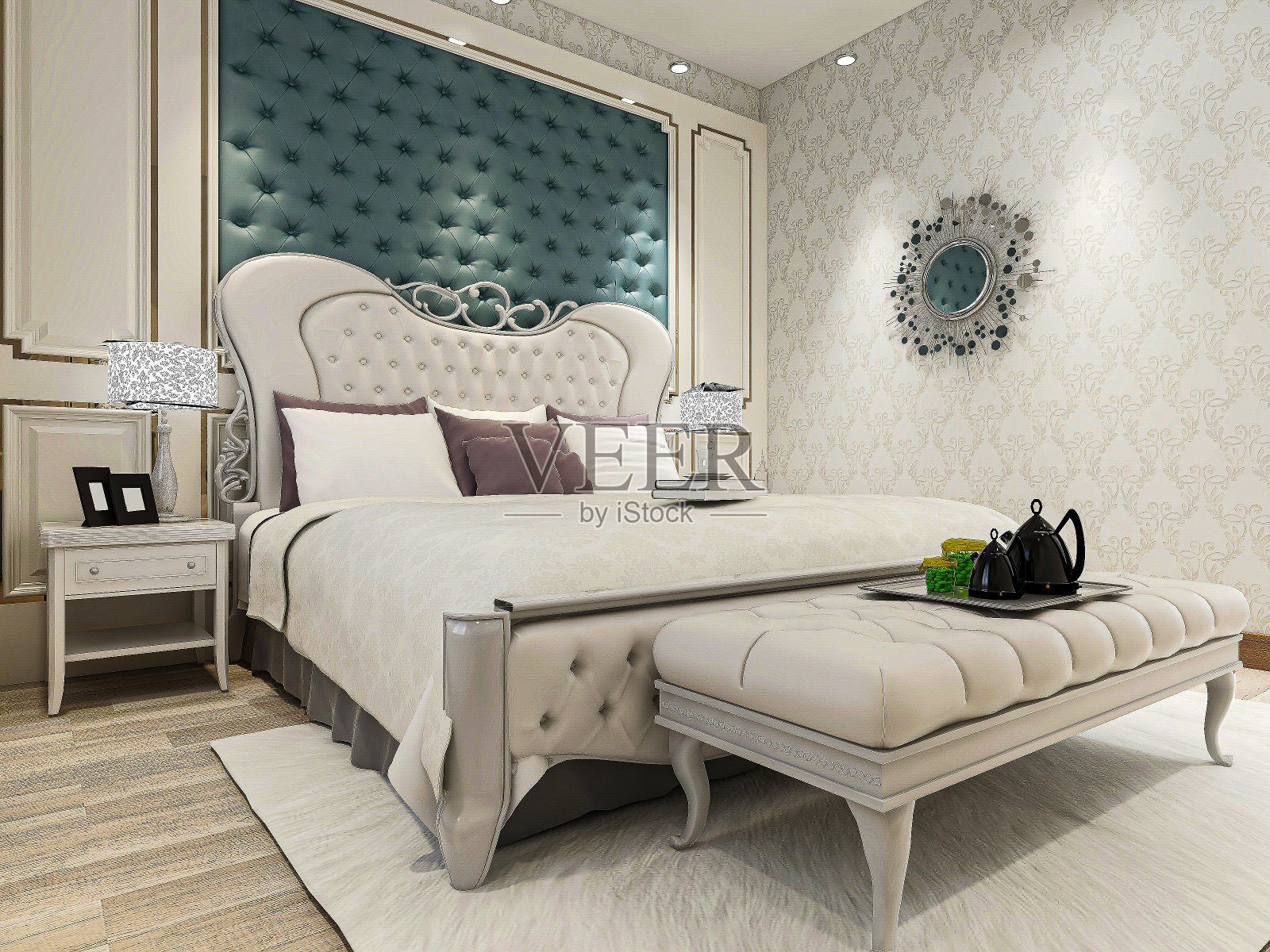 3D渲染，干净整洁的欧式卧室，旁边有大床和衣柜照片摄影图片