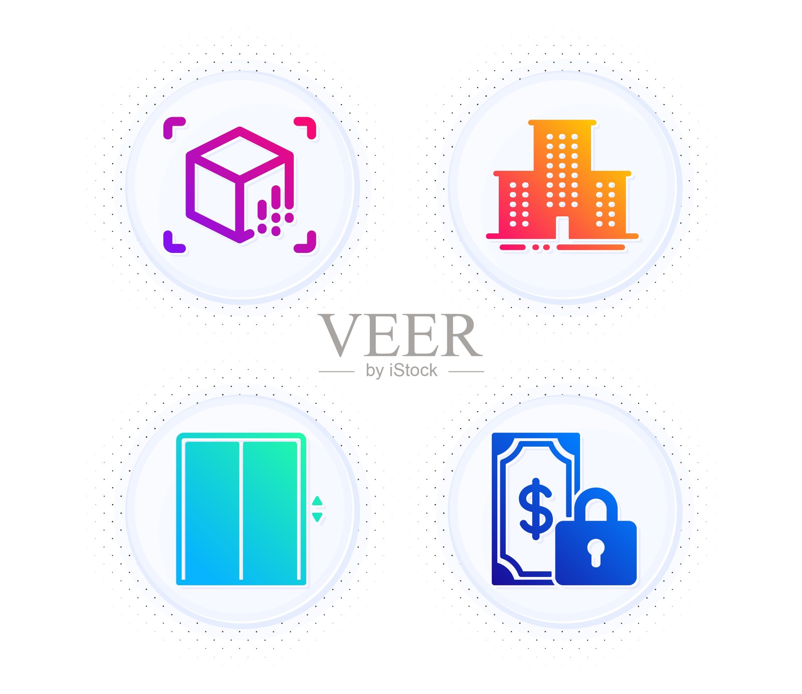 大学校园，增强现实和升降机图标集。私人支付的迹象。向量图标素材