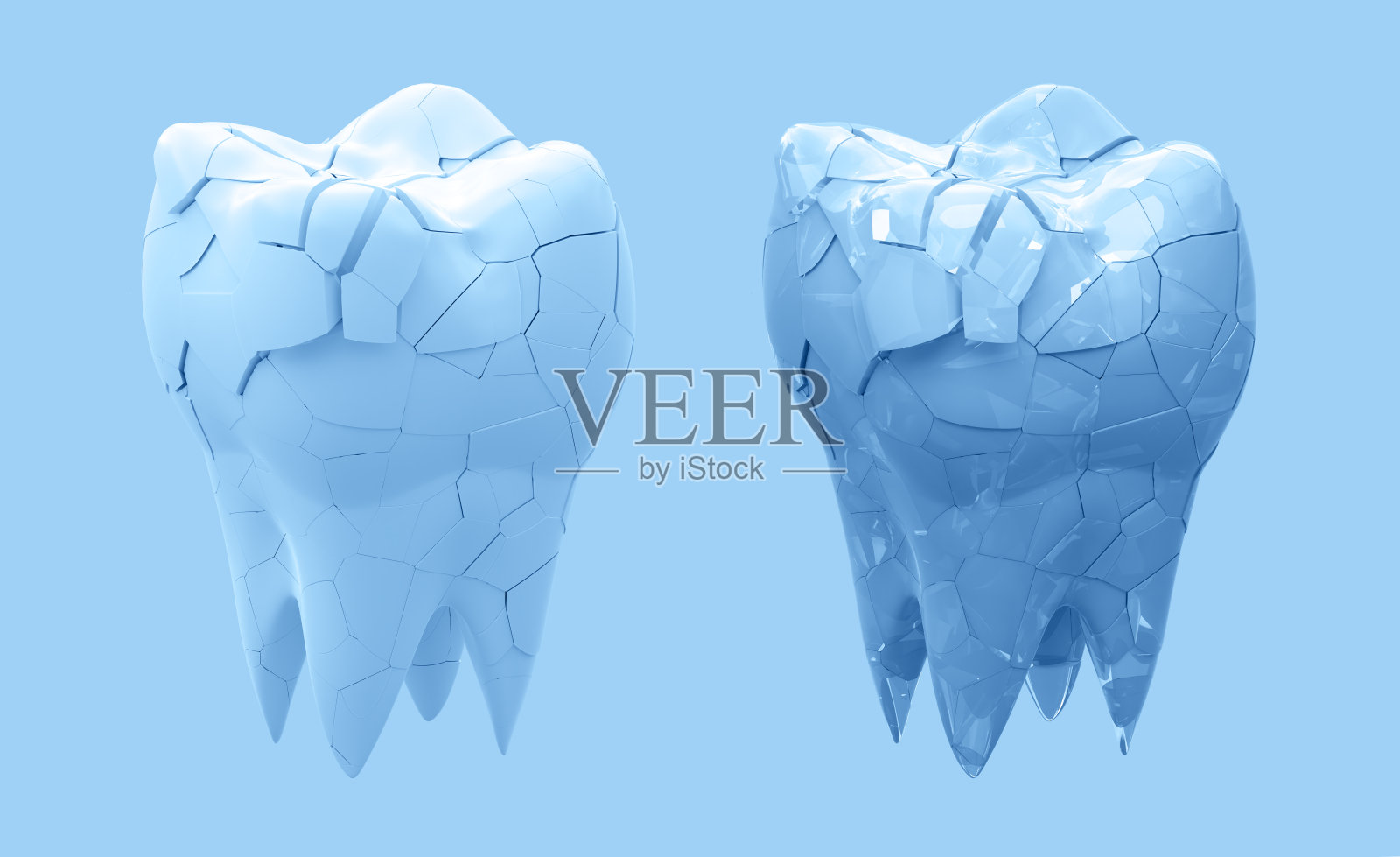 在蓝色背景下，臼齿破损和整颗牙齿孤立照片摄影图片