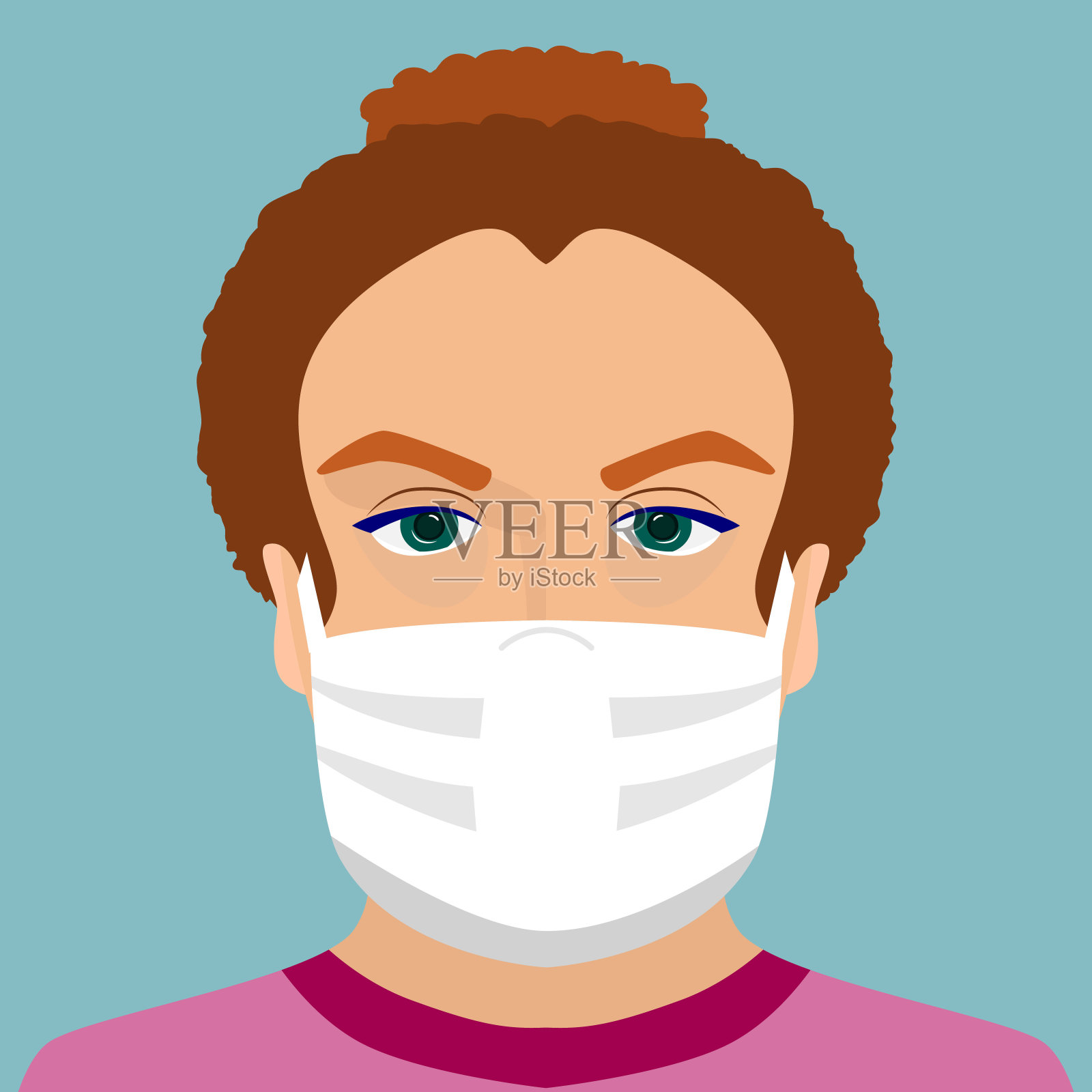 女性面部戴医用口罩近距离观察。人们戴医用口罩预防疾病、流感、冠状病毒。插画图片素材