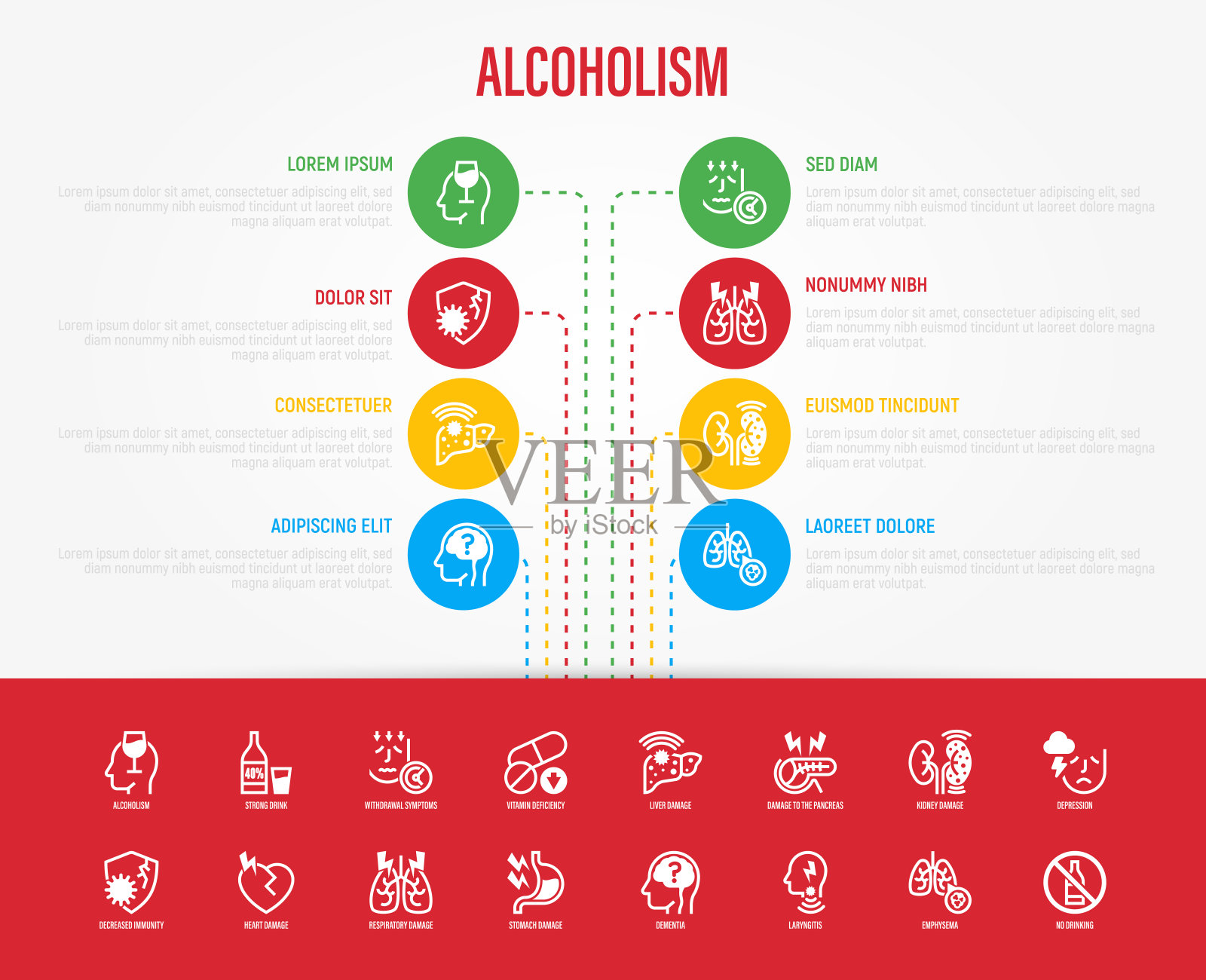 酒精中毒信息图与细线图标。酗酒、戒断症状、维生素缺乏、免疫力下降、内脏损伤、抑郁、痴呆、肺气肿。矢量插图。插画图片素材