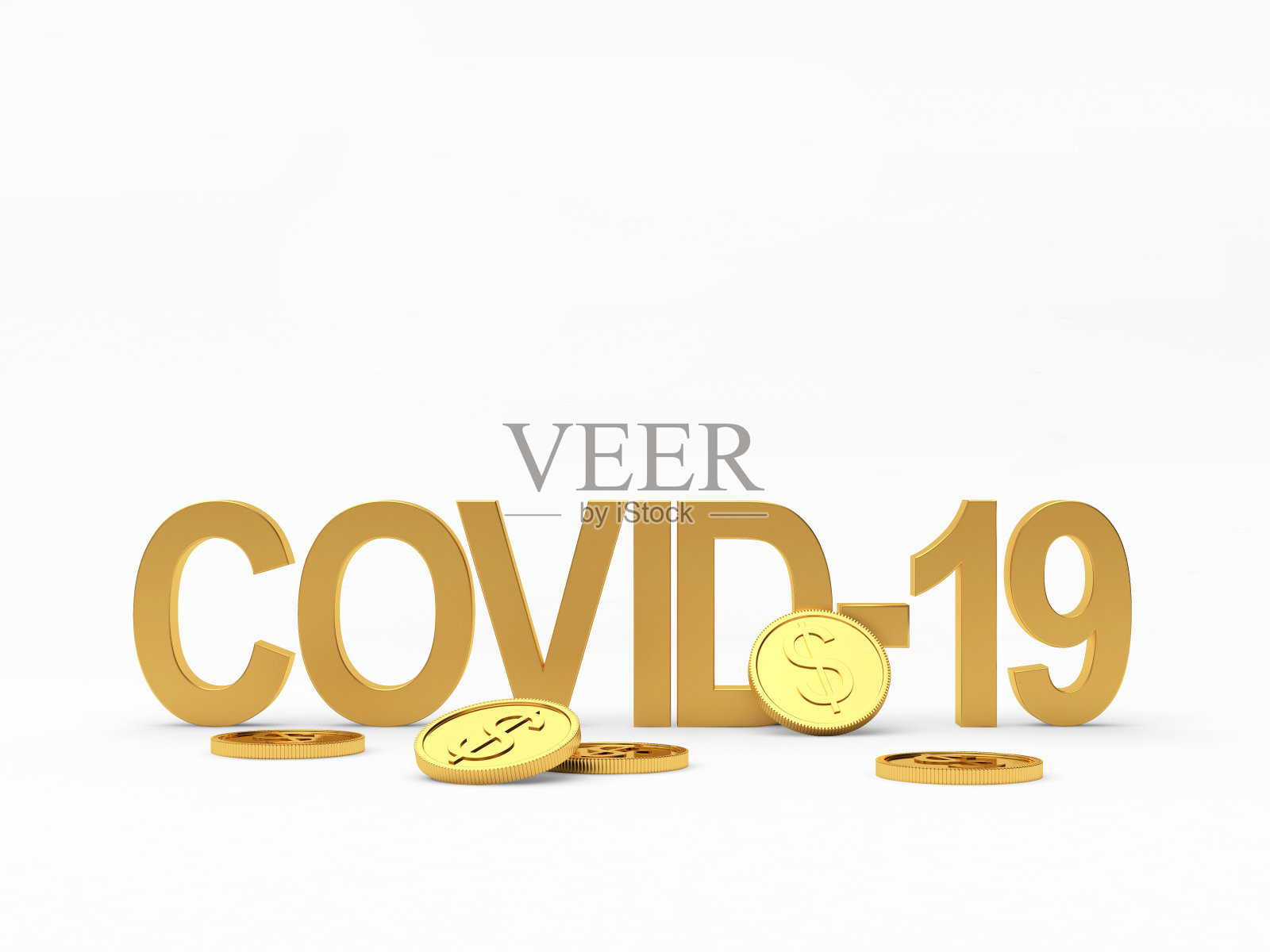 Covid-19冠状病毒符号和金币与美元符号孤立在白色背景上。三维演示照片摄影图片