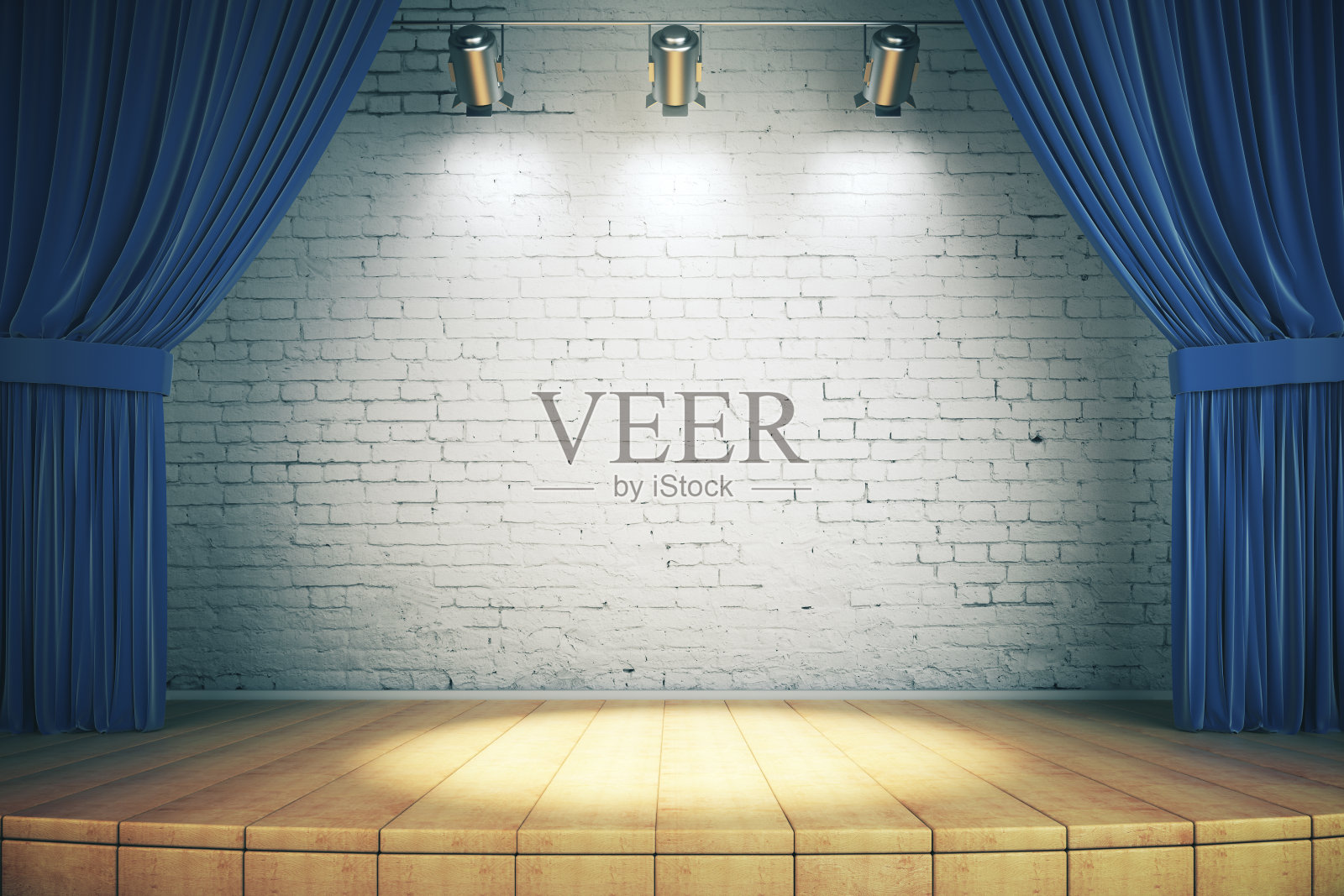 木质舞台，蓝色窗帘照片摄影图片