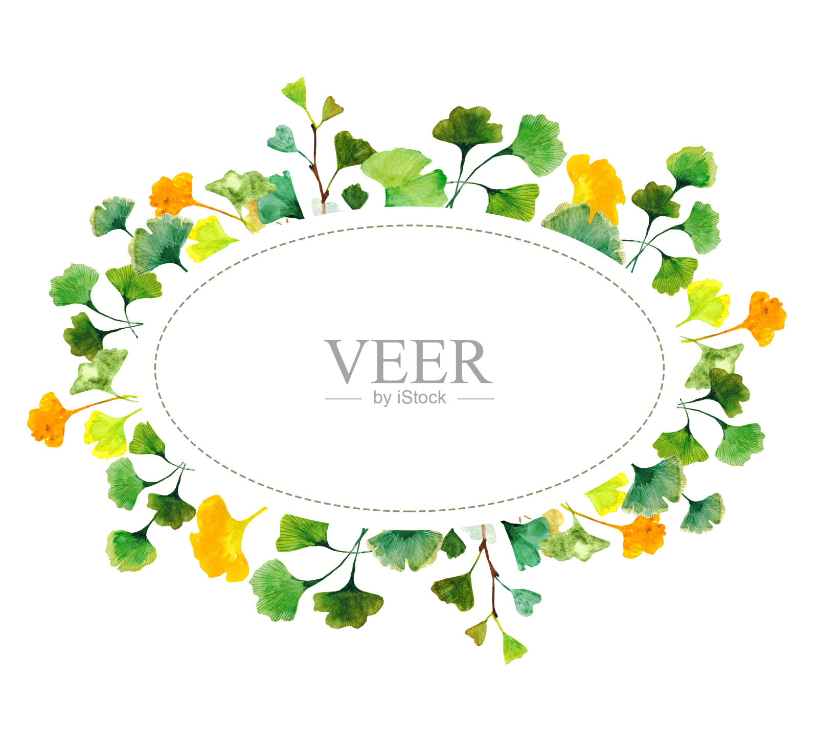 水彩手绘框架的银杏叶和树枝。用于设计明信片、海报插画图片素材