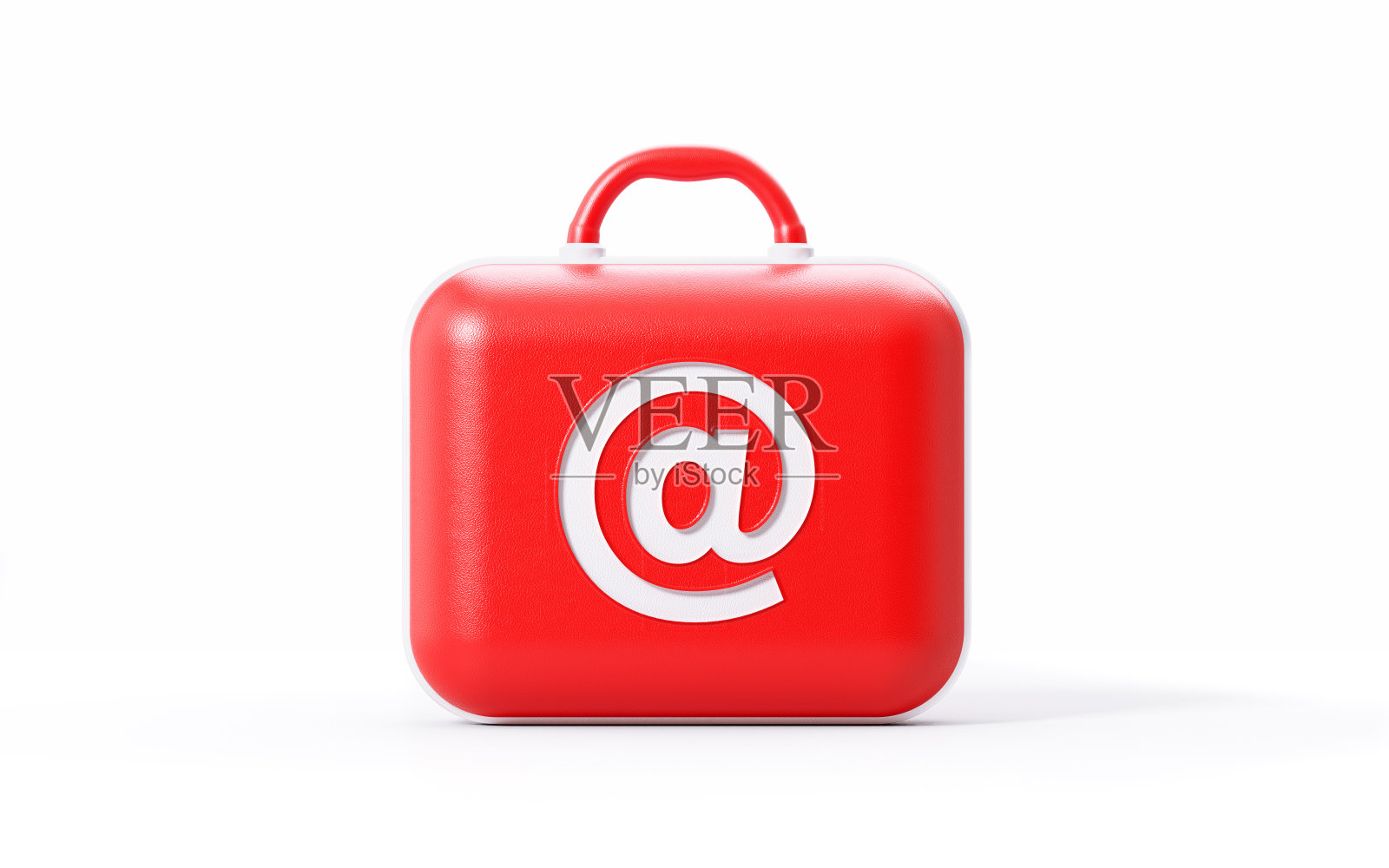 白色背景上带有At标志的红色手提箱照片摄影图片