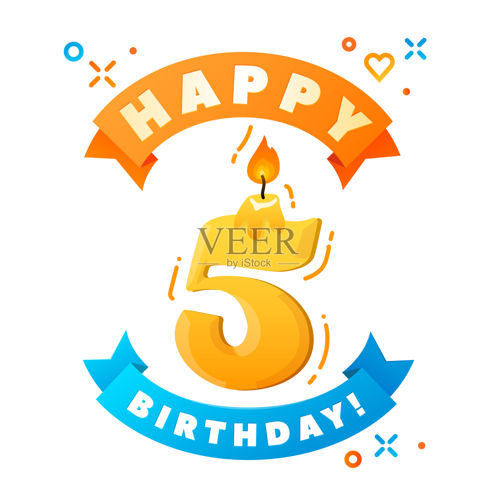 生日贺卡快乐。彩色生日蜡烛和彩带。芯和火。矢量插图。粗体手绘字体插画图片素材