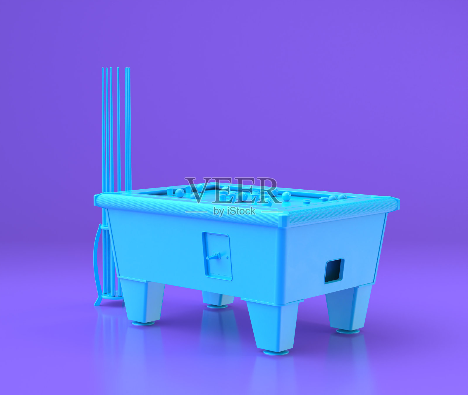 街机保险杠台球桌平台，娱乐中心物体在紫色的平面房间，3d渲染照片摄影图片