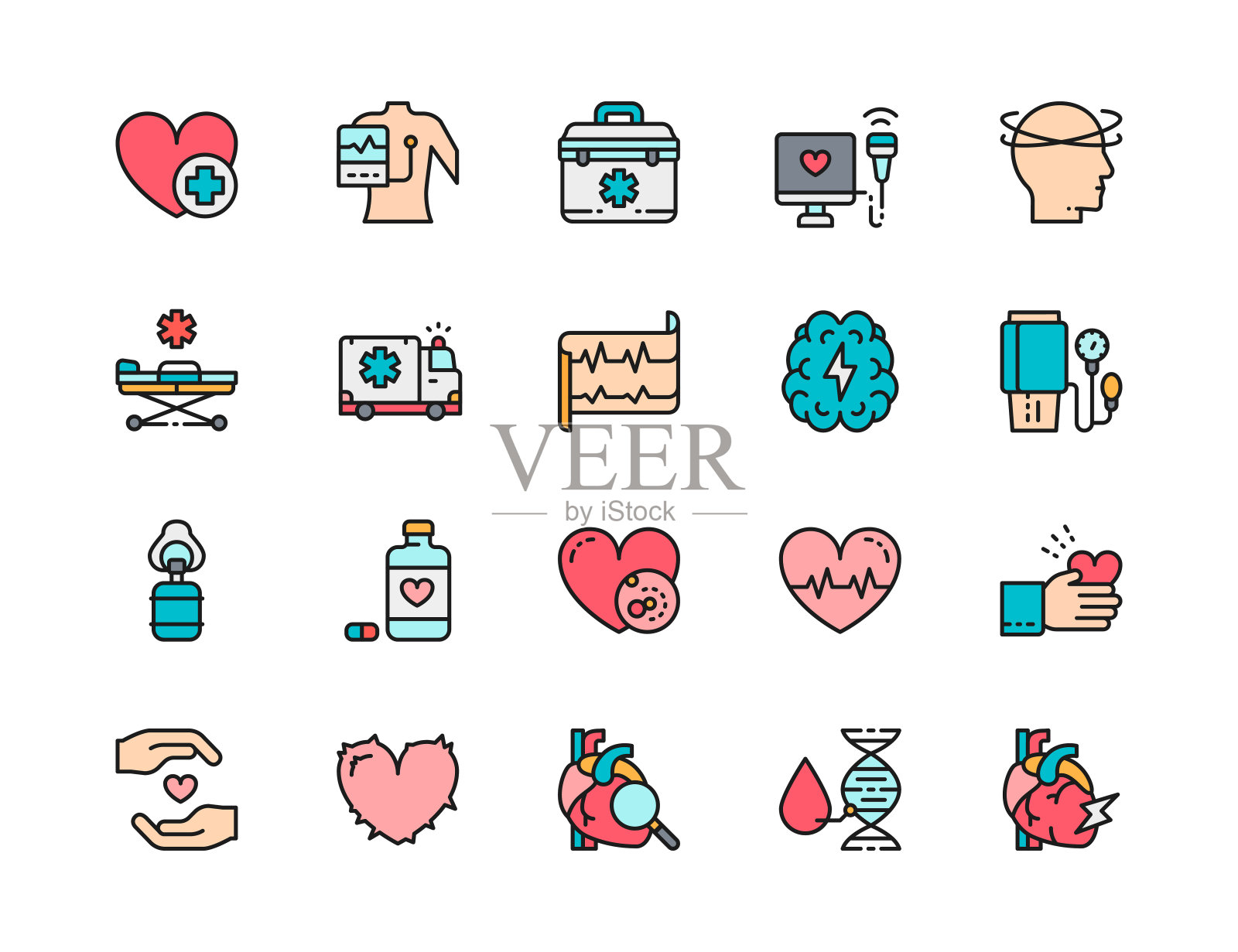 心脏病发作平面颜色图标的设置。心电图，头晕，心跳等等。图标素材
