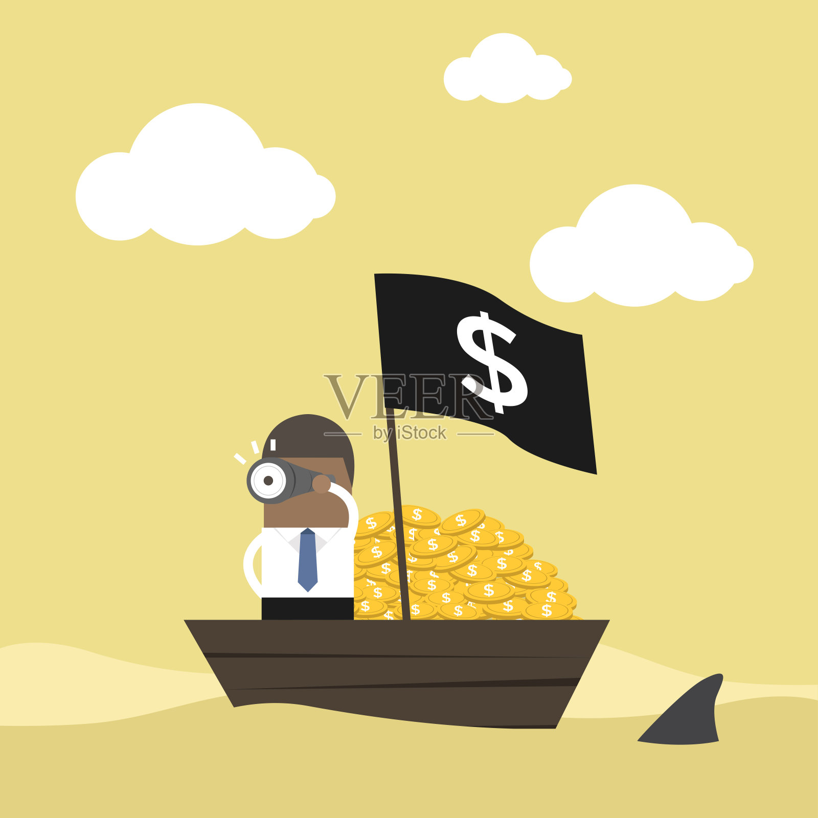 非洲商人在金钱船上通过望远镜观察。插画图片素材