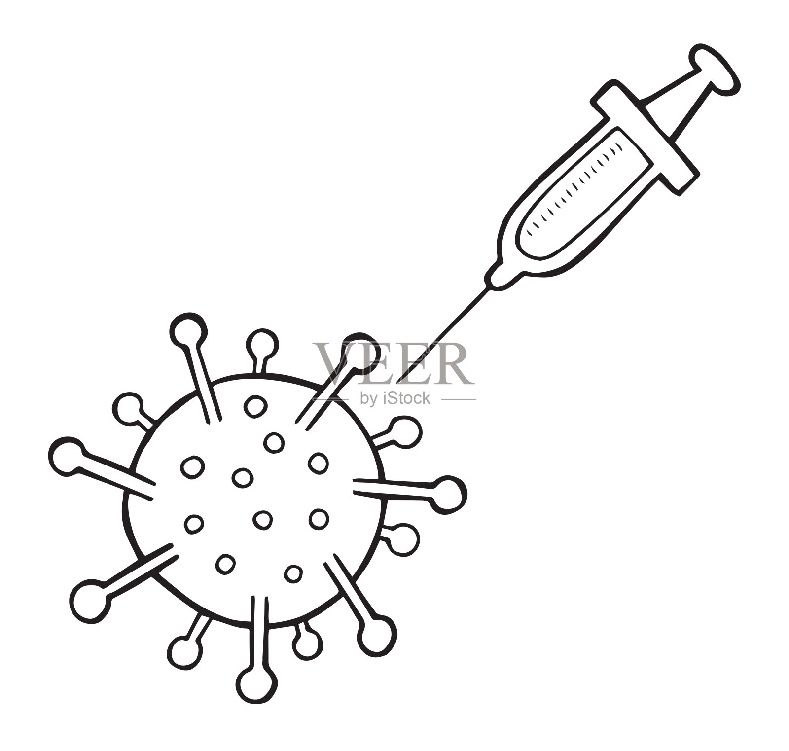 新冠肺炎冠状病毒手绘载体图。病毒和注射器。插画图片素材