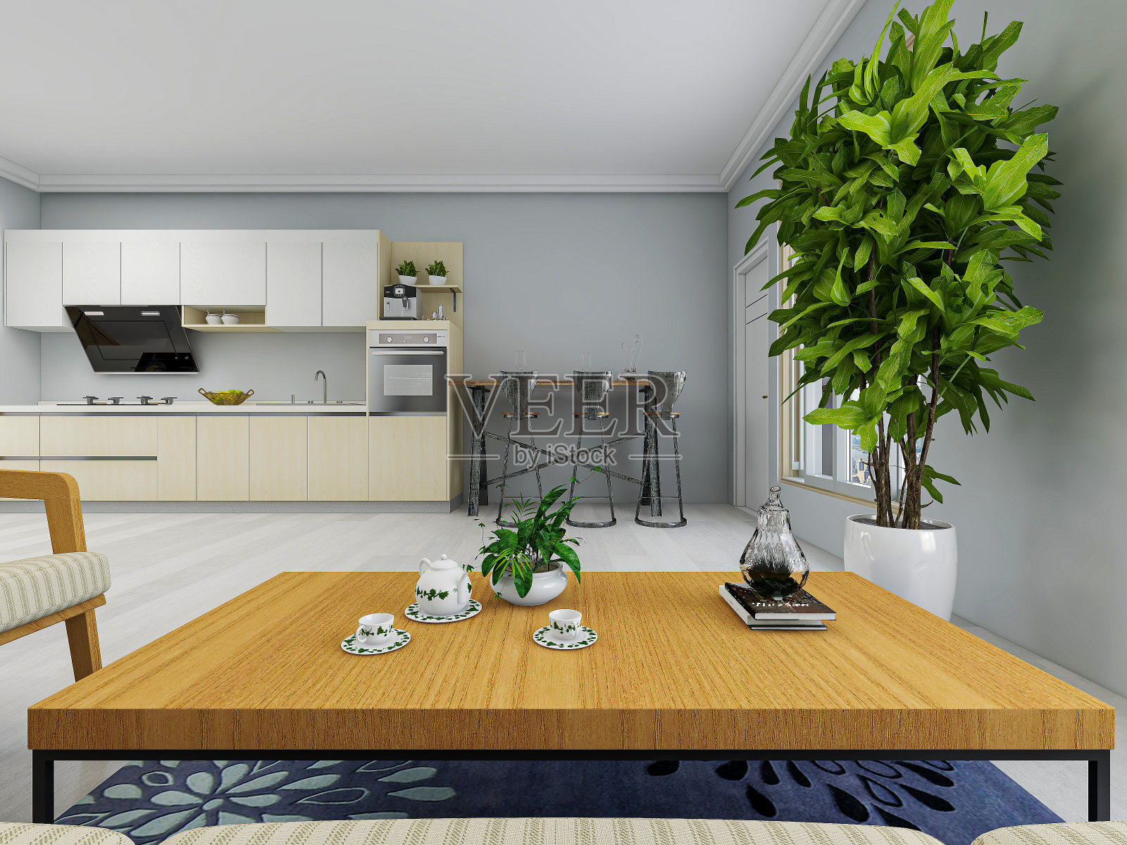 3D效果图，干净整洁的现代客厅设计，入口配有鞋柜、沙发、电视、桌子、休闲椅等设施照片摄影图片