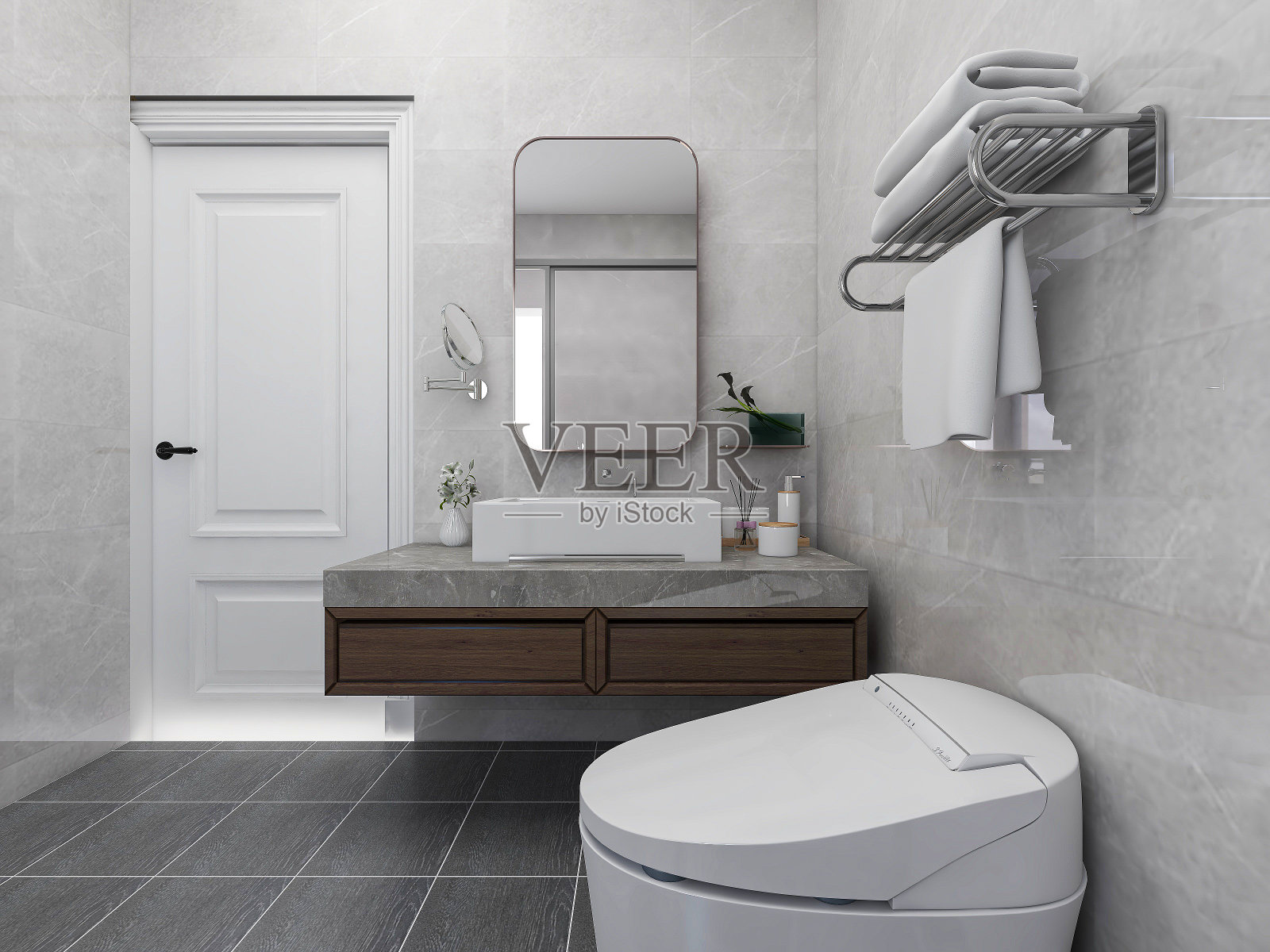 3D效果图，洁净现代住宅浴室及卫生间设计，配备盥洗台、卫生间、淋浴设备等。照片摄影图片