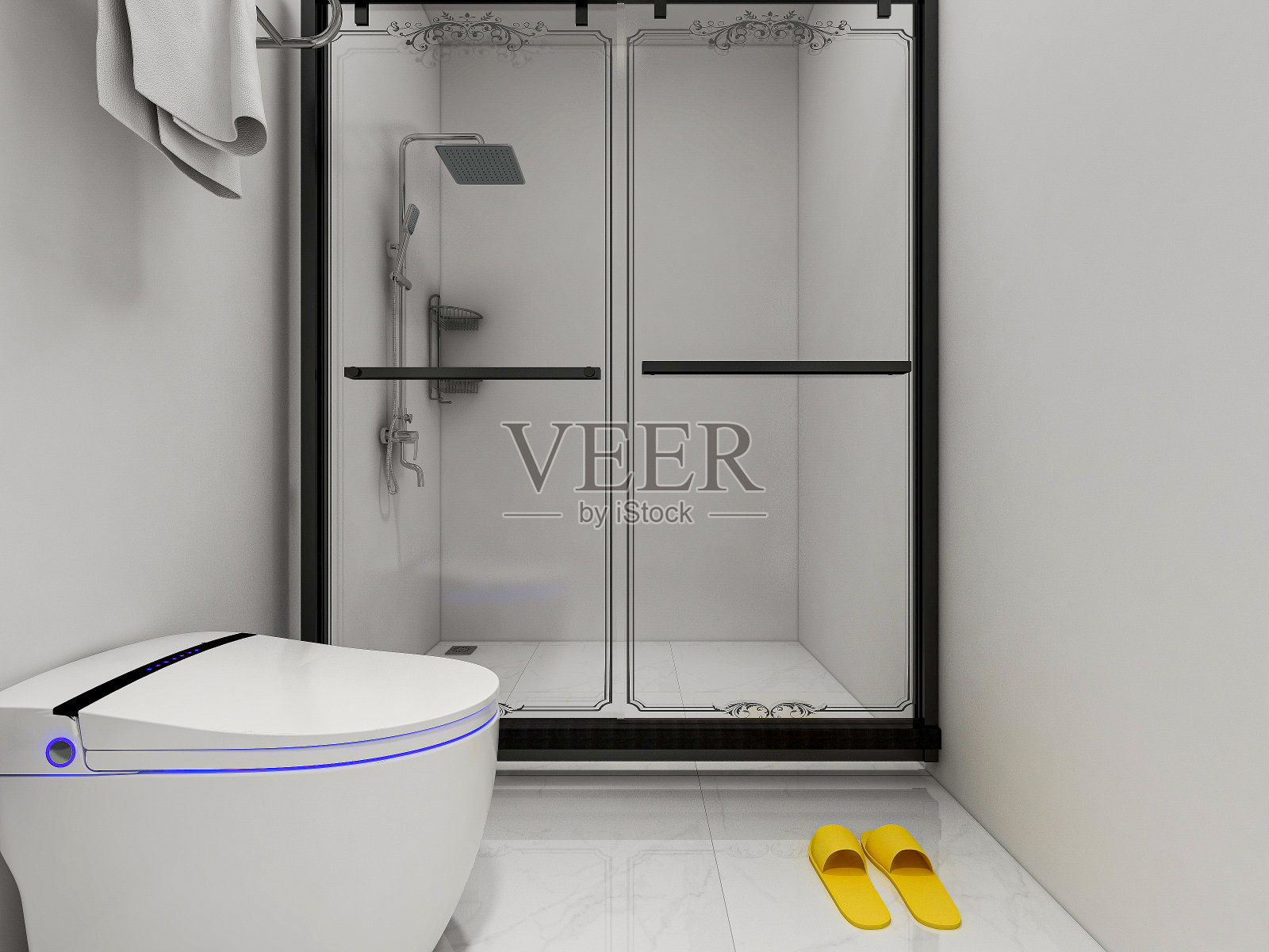 3D渲染，现代住宅清洁浴室设计，配备洗手盆，镜子，马桶，淋浴设备和浴缸照片摄影图片