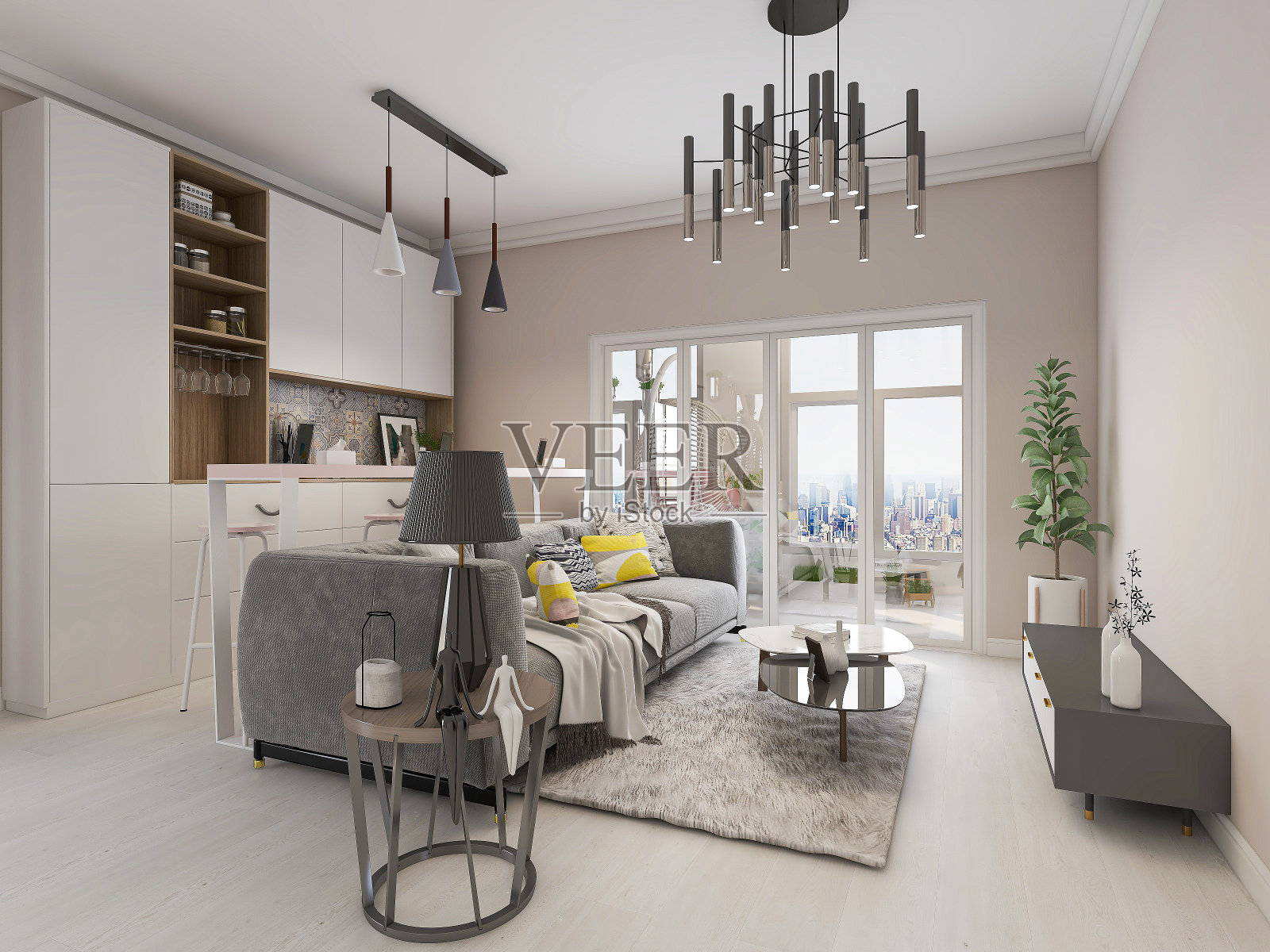 3D效果图，简约现代的客厅沙发配茶几，桌子上有绿色植物。照片摄影图片