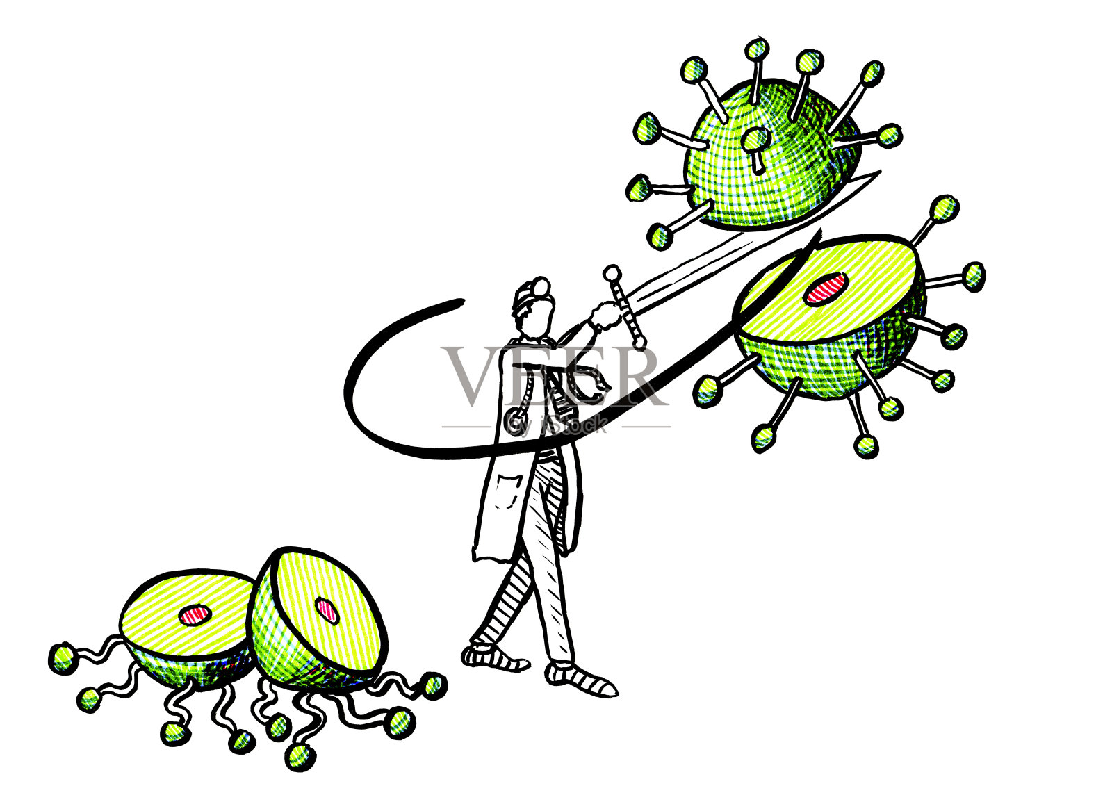 抽出的医生用剑抗击冠状病毒插画图片素材
