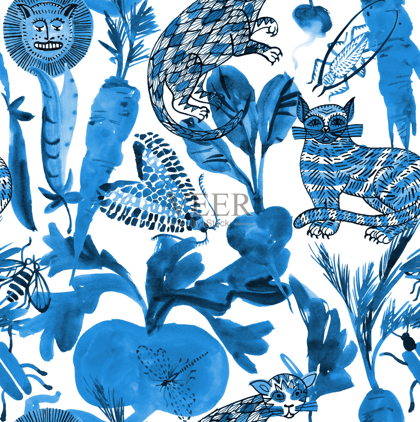 动植物混合无缝民族格局插画图片素材