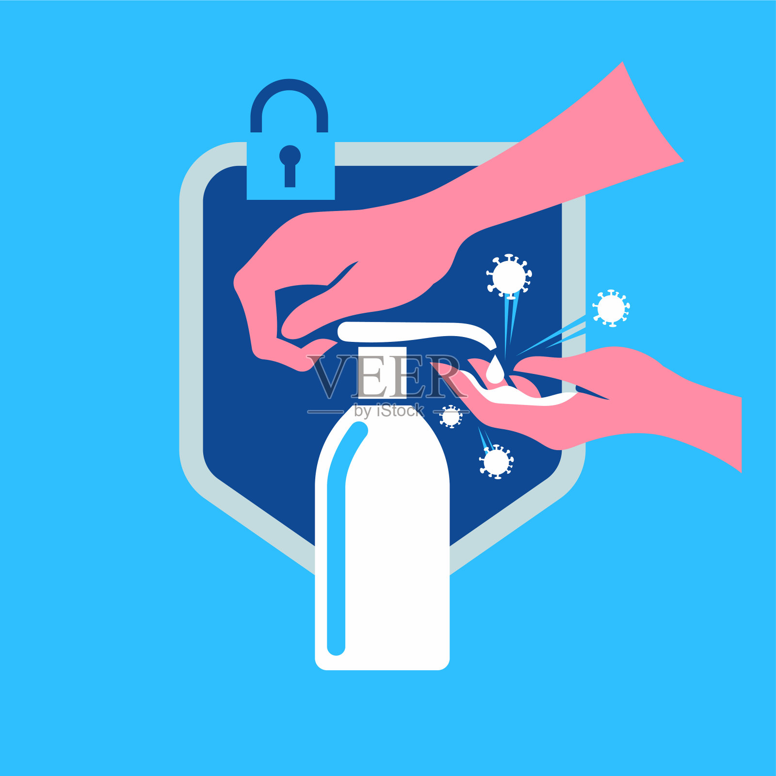 洗手液瓶与屏蔽背景上的泵隔离插画图片素材