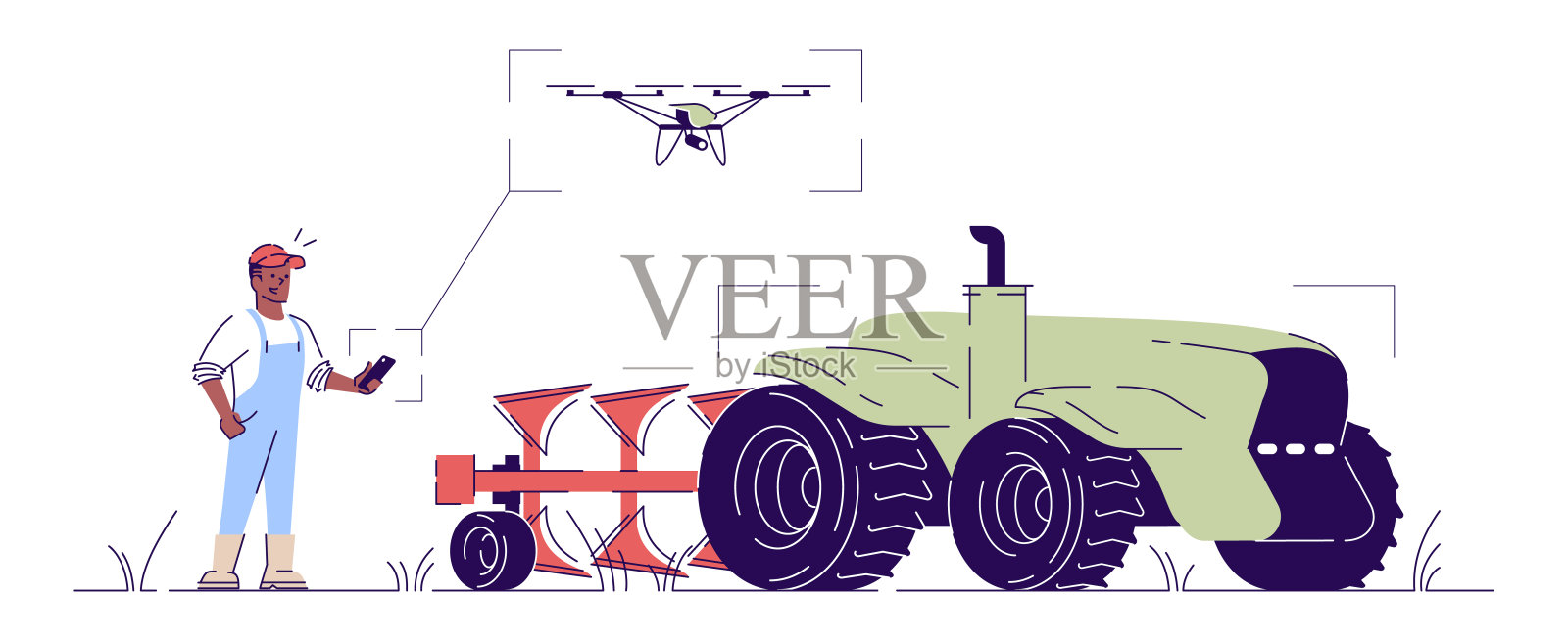 自动驾驶无人机拖拉机平面插图。智能农业设备、物联网农业卡通概念与提纲。农业机械。农民性格控制无人驾驶拖拉机与犁插画图片素材