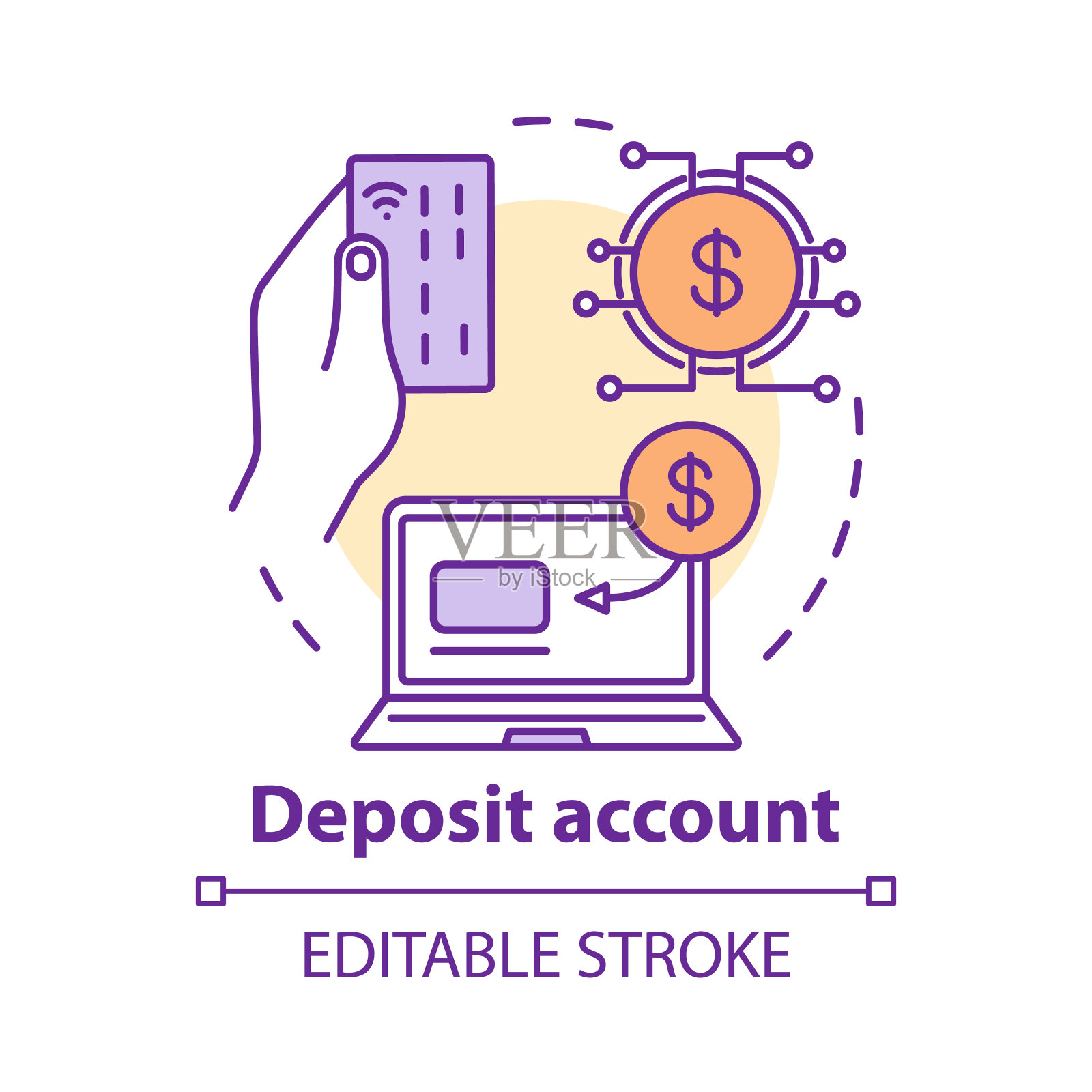 存款帐户概念图标。省钱点子细线插图。银行计划，协议管理。在线支付和会计系统。矢量孤立轮廓绘制。可编辑的中风插画图片素材