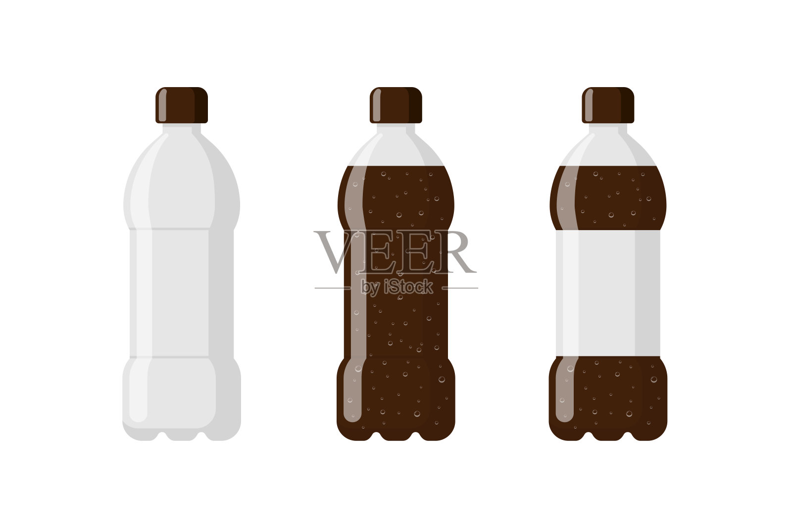 塑料瓶设置空苏打饮料和标签。碳酸饮料与气泡在皮平孤立矢量插图插画图片素材