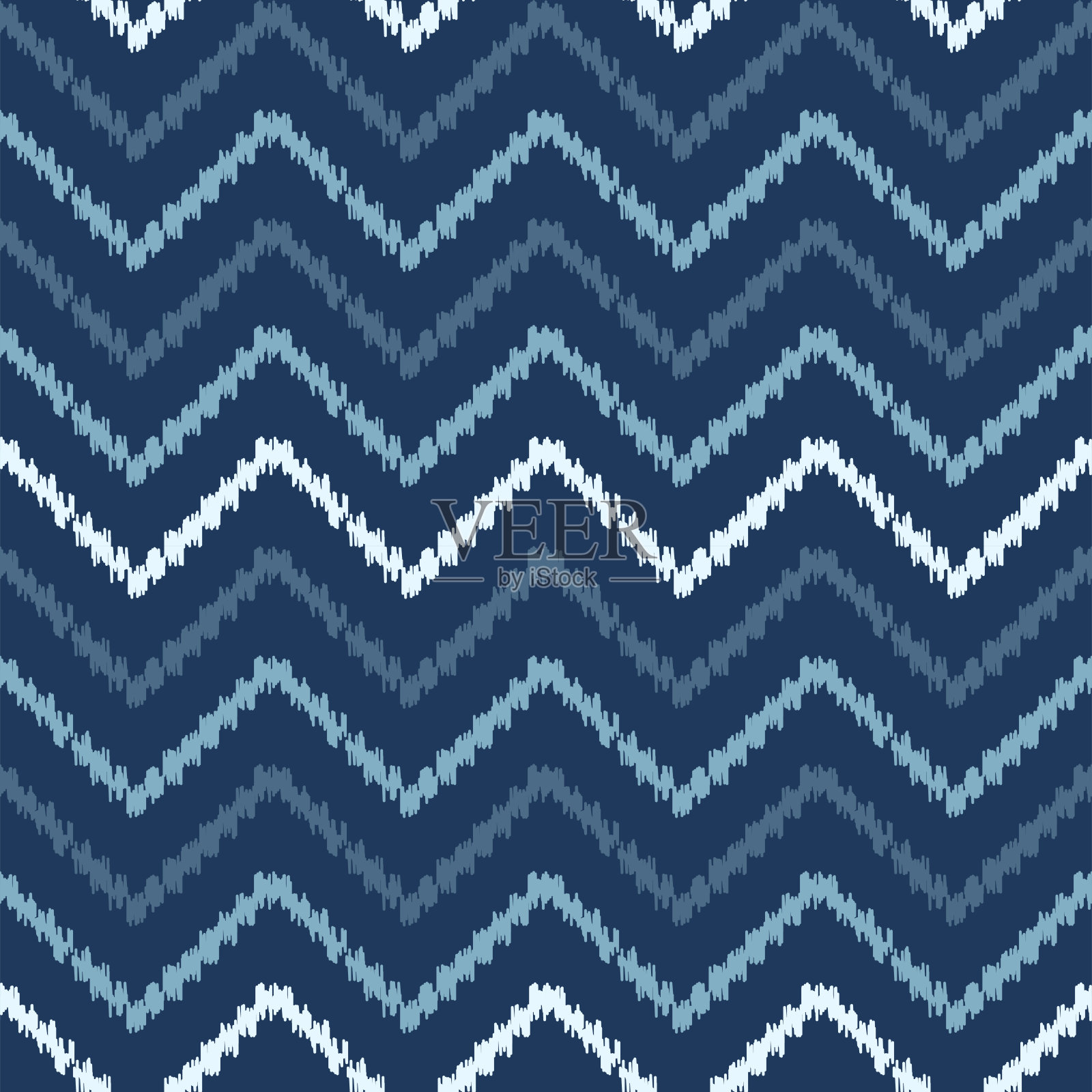 摘要族伊卡特人字形几何无缝图案。蓝色之字形波浪在黑暗的背景上。插画图片素材